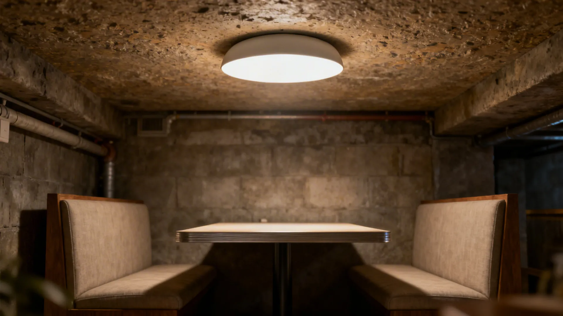 Low-ceiling dining nook with a semi-flush shallow dome pendant preserving headroom