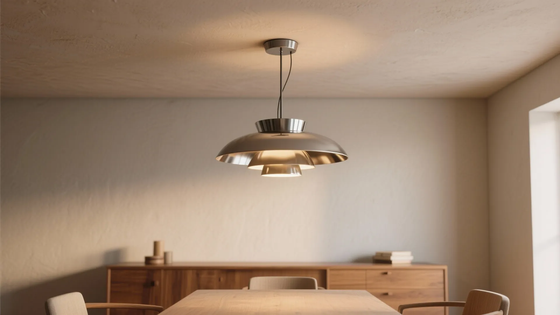 Modern dining room featuring a silver tiered ceiling light above a wooden table and cabinet