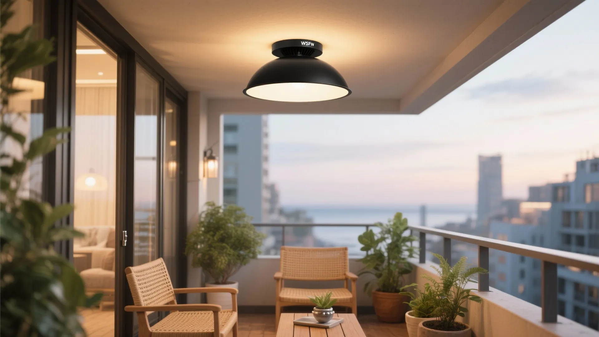 Statement semi-flush fixtures with weatherproof shades