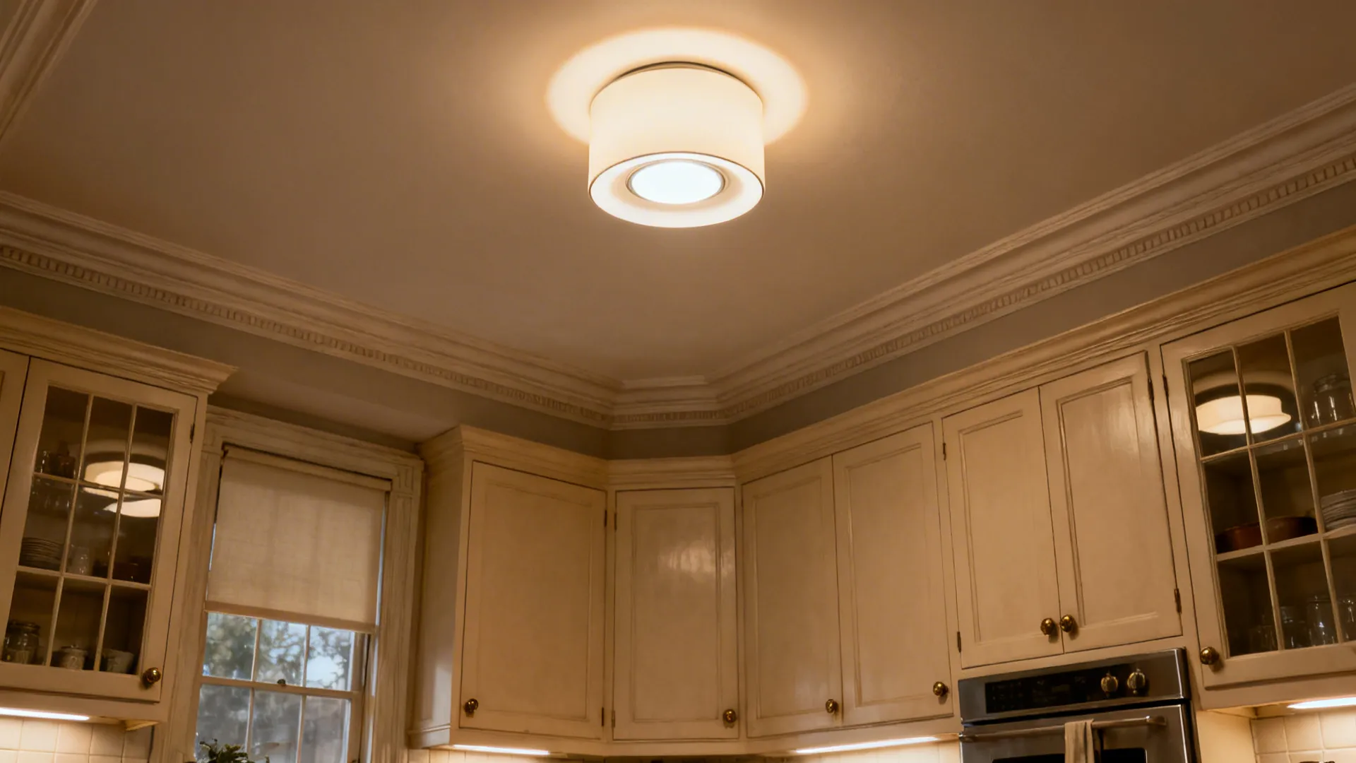 Cream kitchen cabinets and white window blinds under a round glowing ceiling light providing warmth