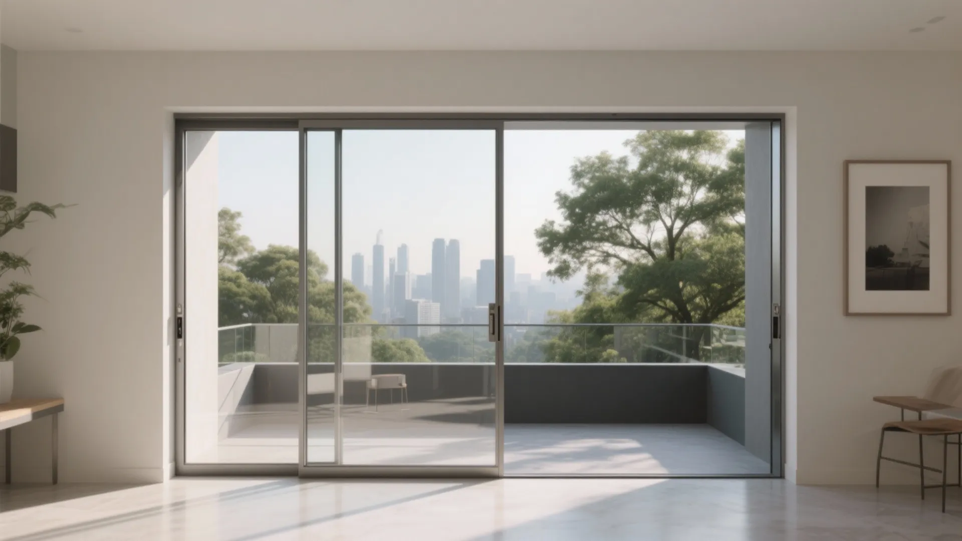 Bright room with large sliding glass windows offering a clear view of the city skyline