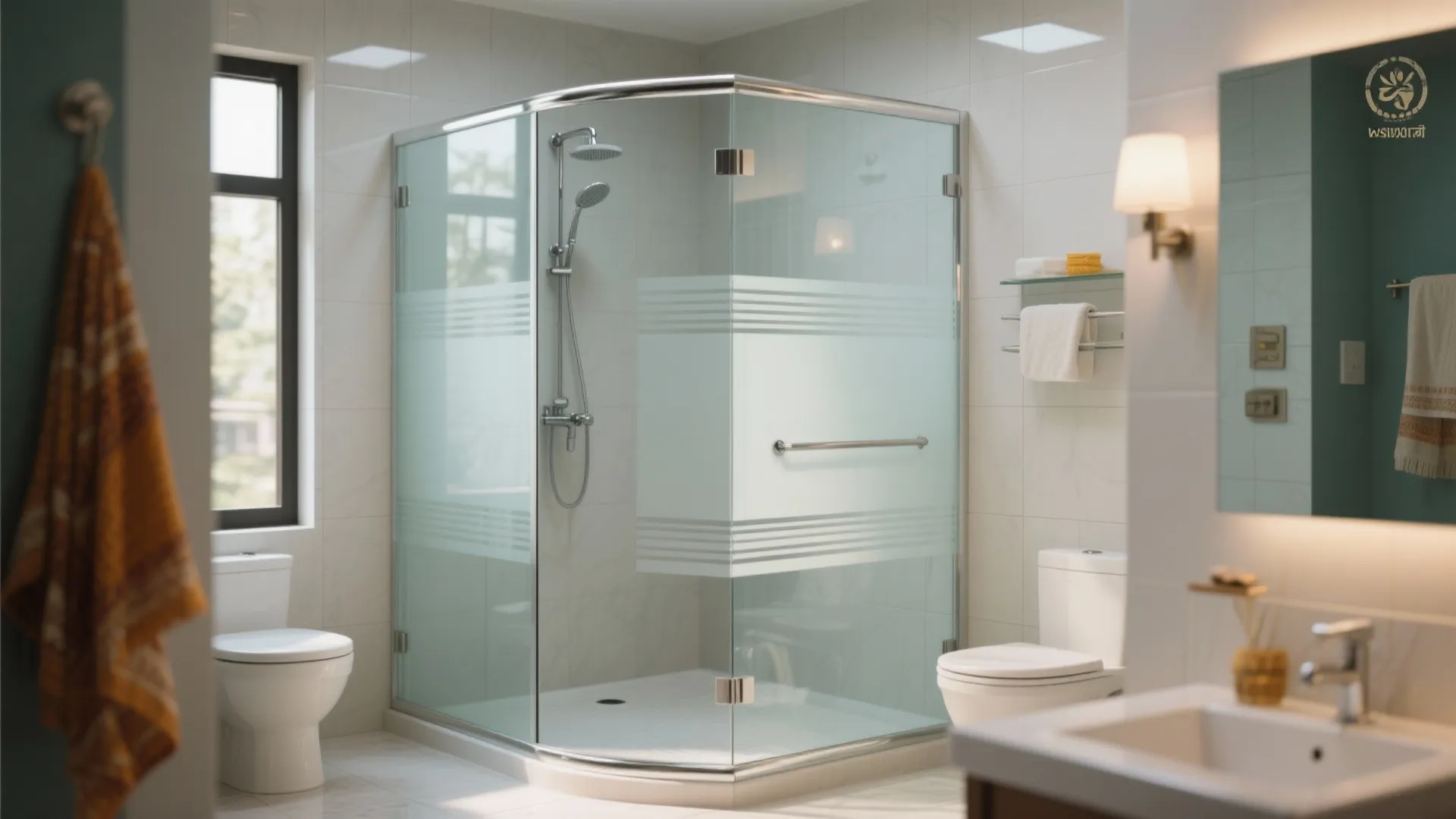 Clean bathroom design featuring corner glass shower with frosted stripes white toilet and wall light fixture