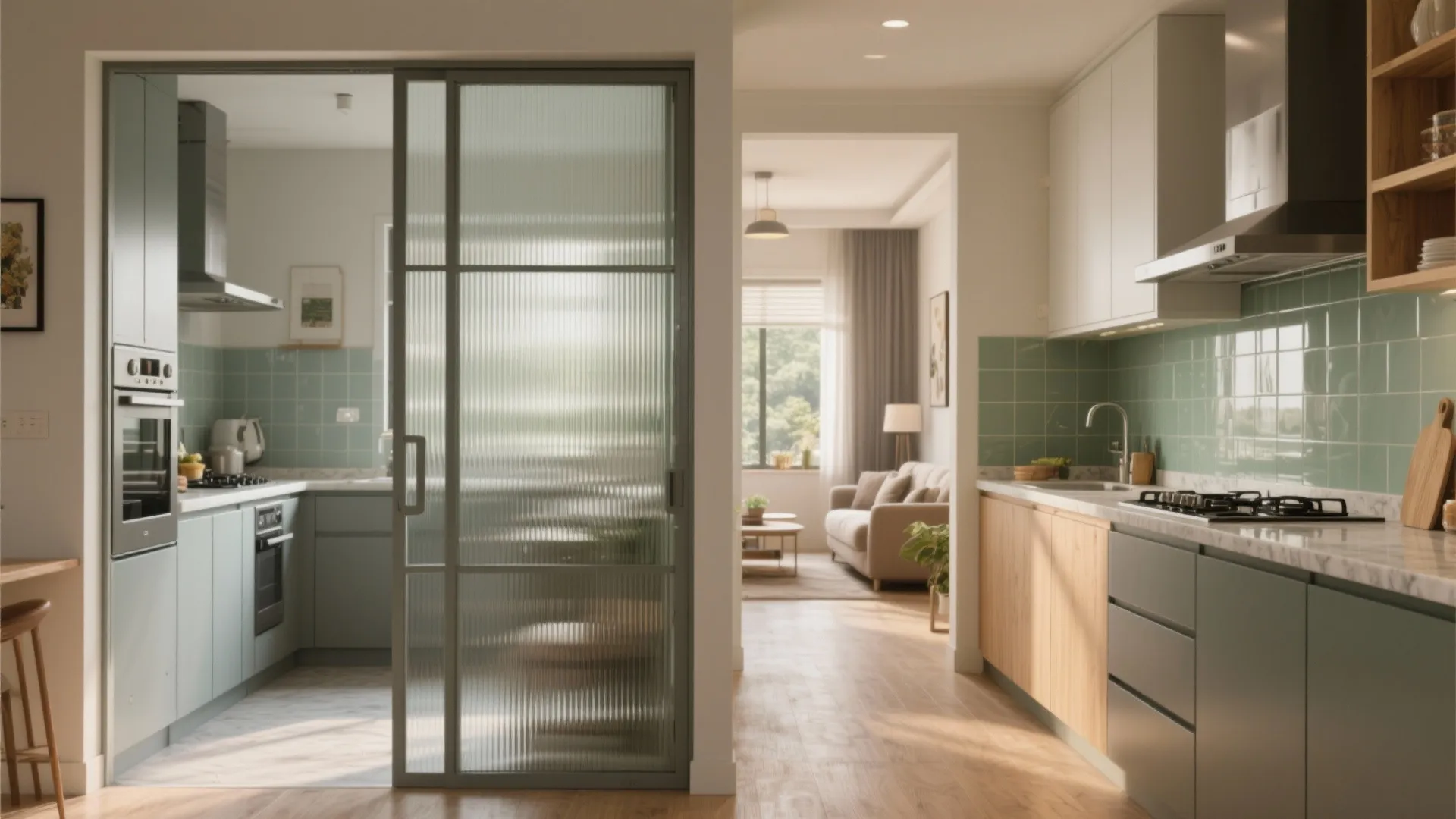 Semi-open kitchen with glass partition and better ventilation