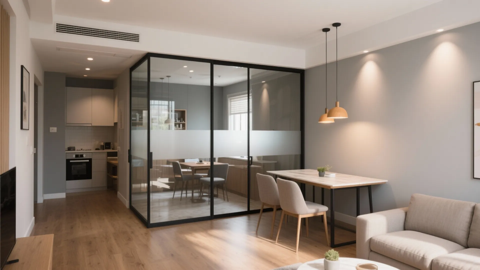 Interior design with glass wall partition separating a dining area from the small white kitchen