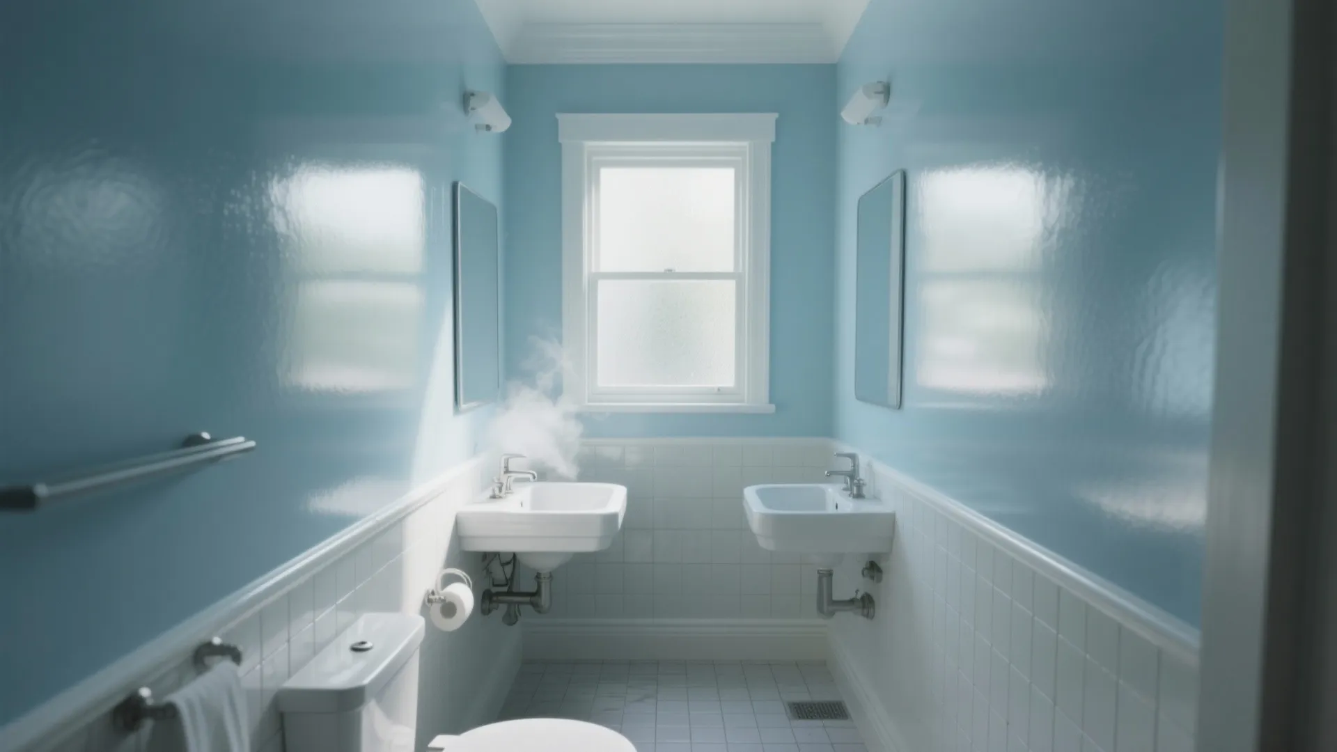 Small bathroom with light blue walls white tiles two sinks toilet wall light and middle window