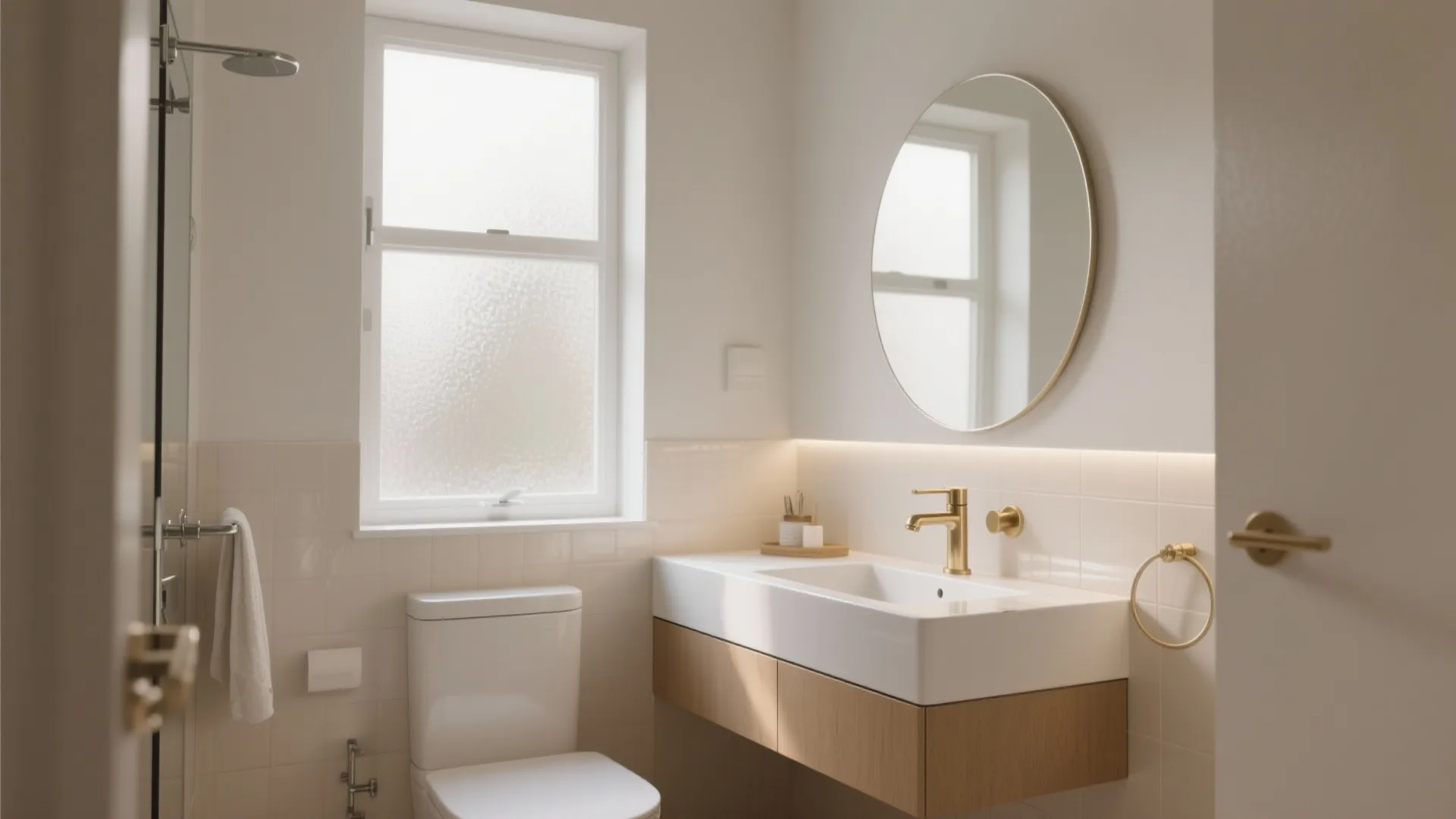 Modern bathroom featuring white toilet wooden vanity round mirror gold faucet and large frosted window