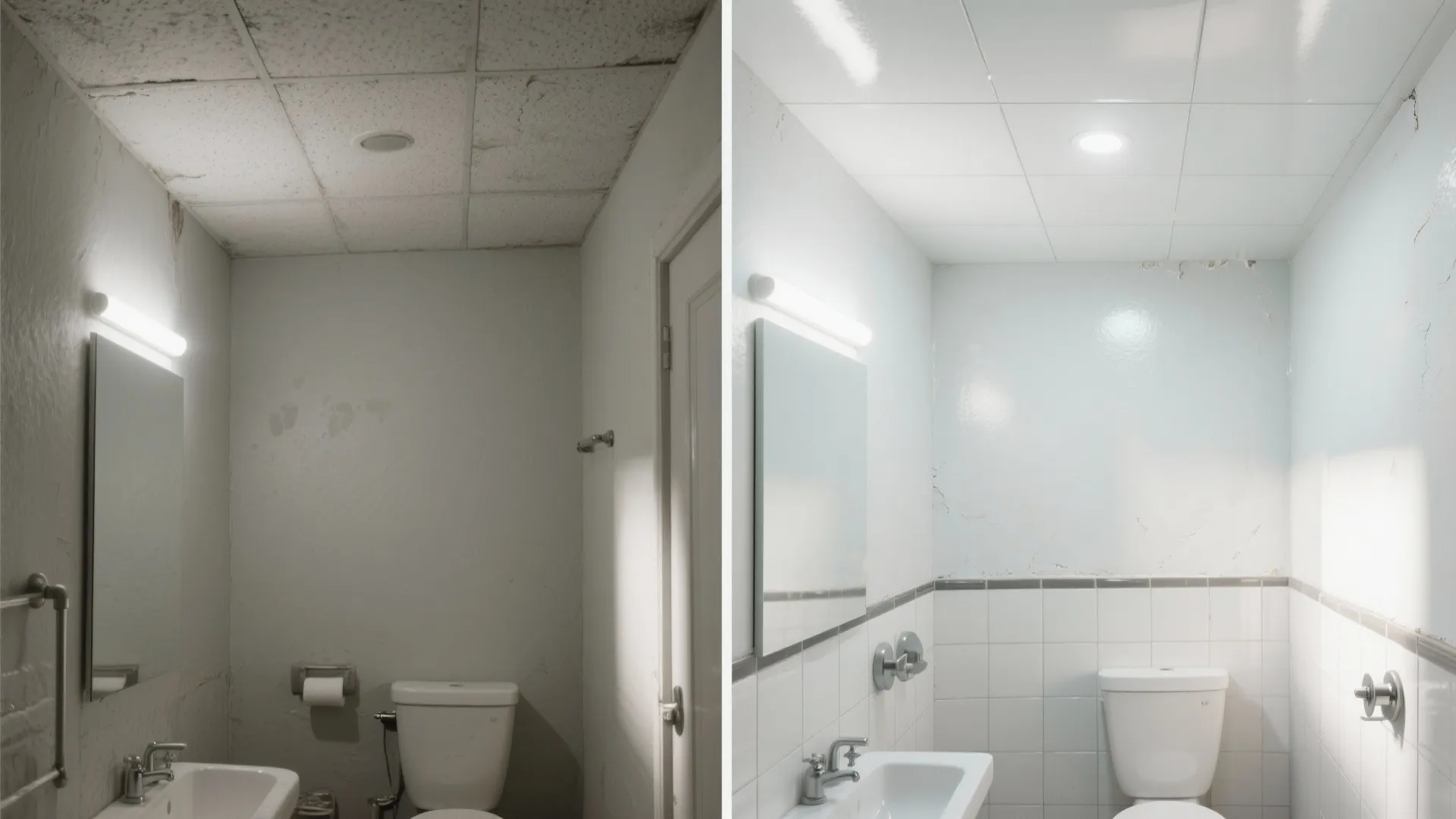 Before and after comparison of a dark moldy bathroom versus a bright clean renovated bathroom