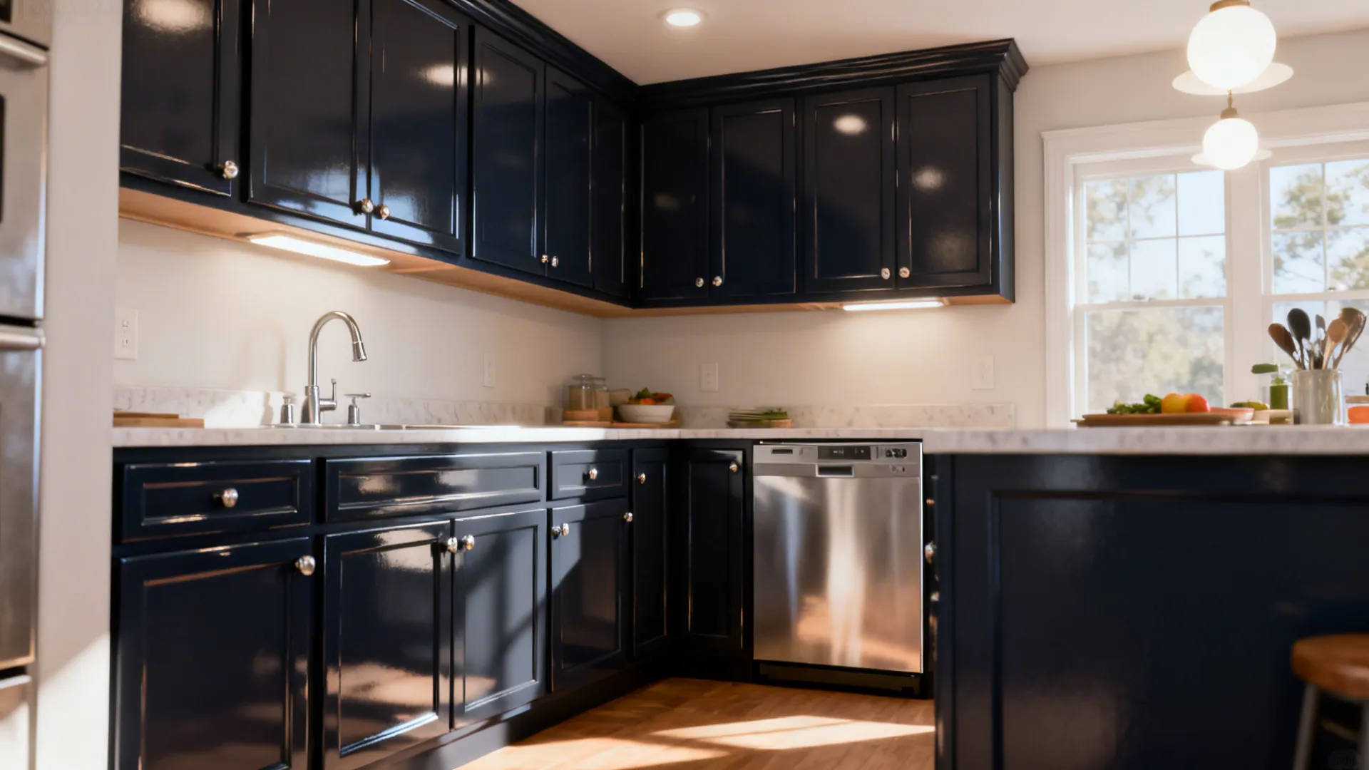 Small kitchen with deep navy semi-gloss lower cabinets and light uppers for contrast.