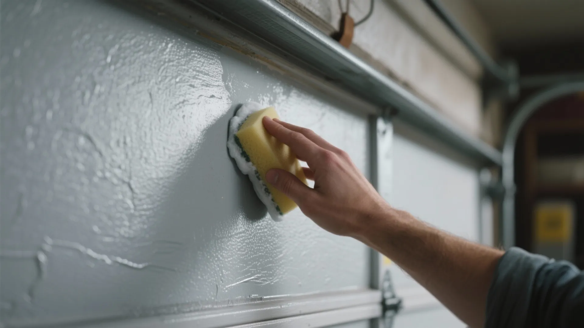 Person cleaning a grey metal garage door with a yellow sponge and white soapy foam