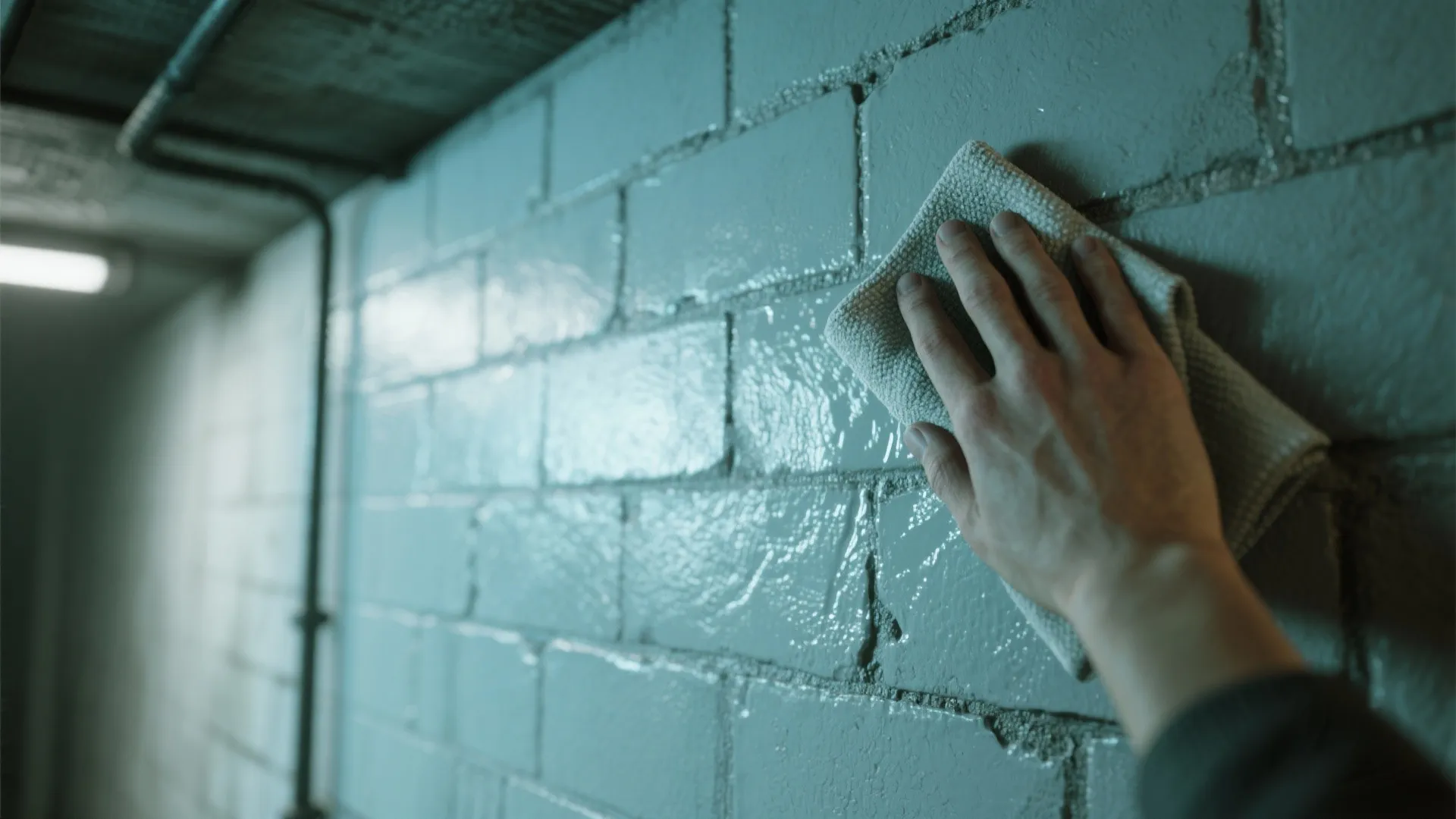 Macro close-up of a semi-gloss painted basement wall showing sheen, texture, and wipe-clean surface.