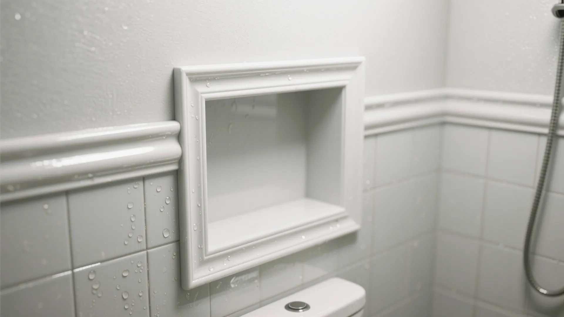 Close-up of semi-gloss white trim and shower niche showing reflective, wipe-clean surface
