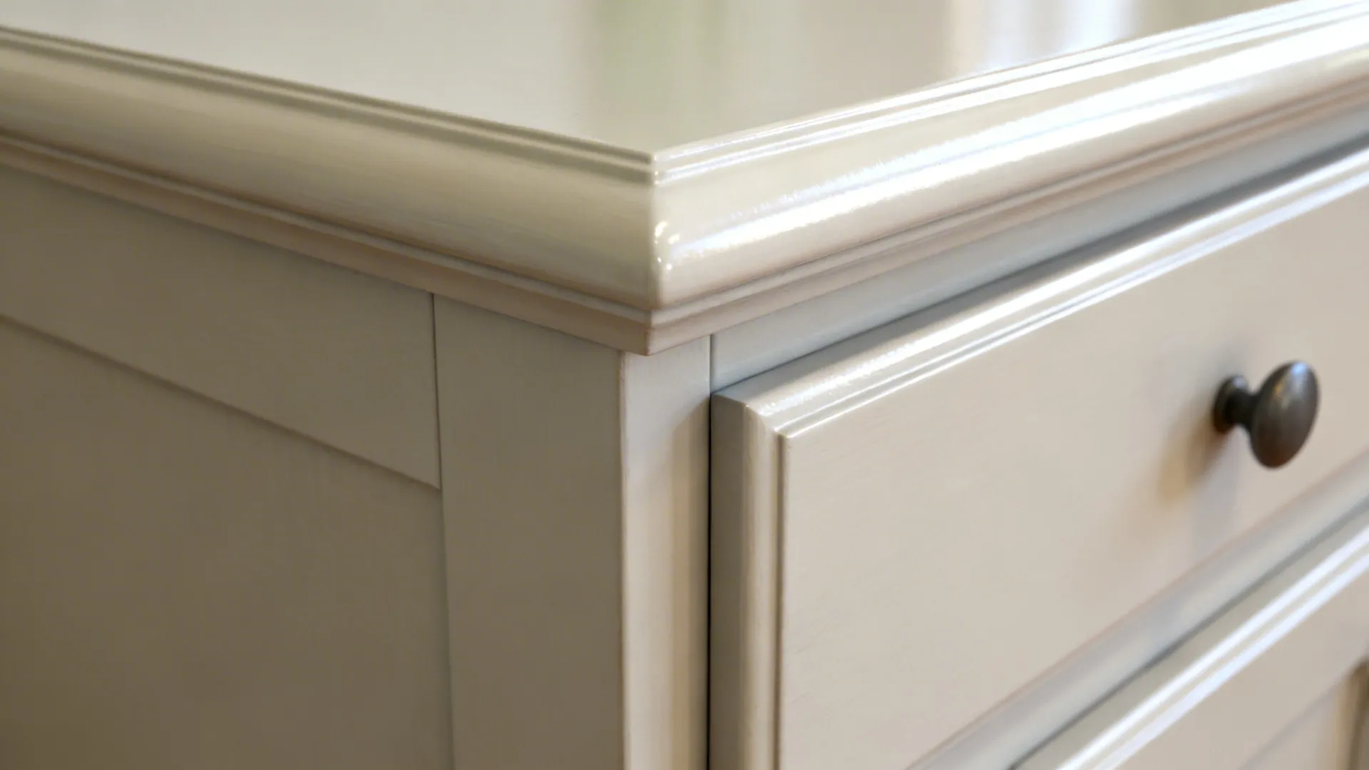 Close-up of semi-gloss painted cabinet surface showing smooth durable finish