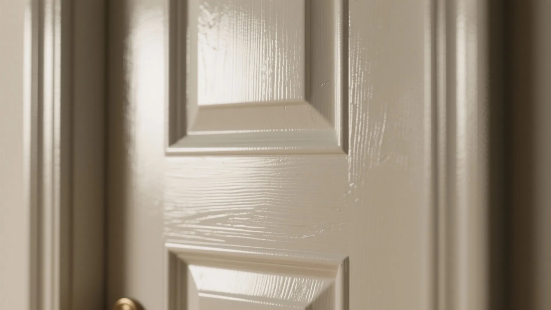 Close up view of a shiny white interior door showing wood grain texture and reflective surface