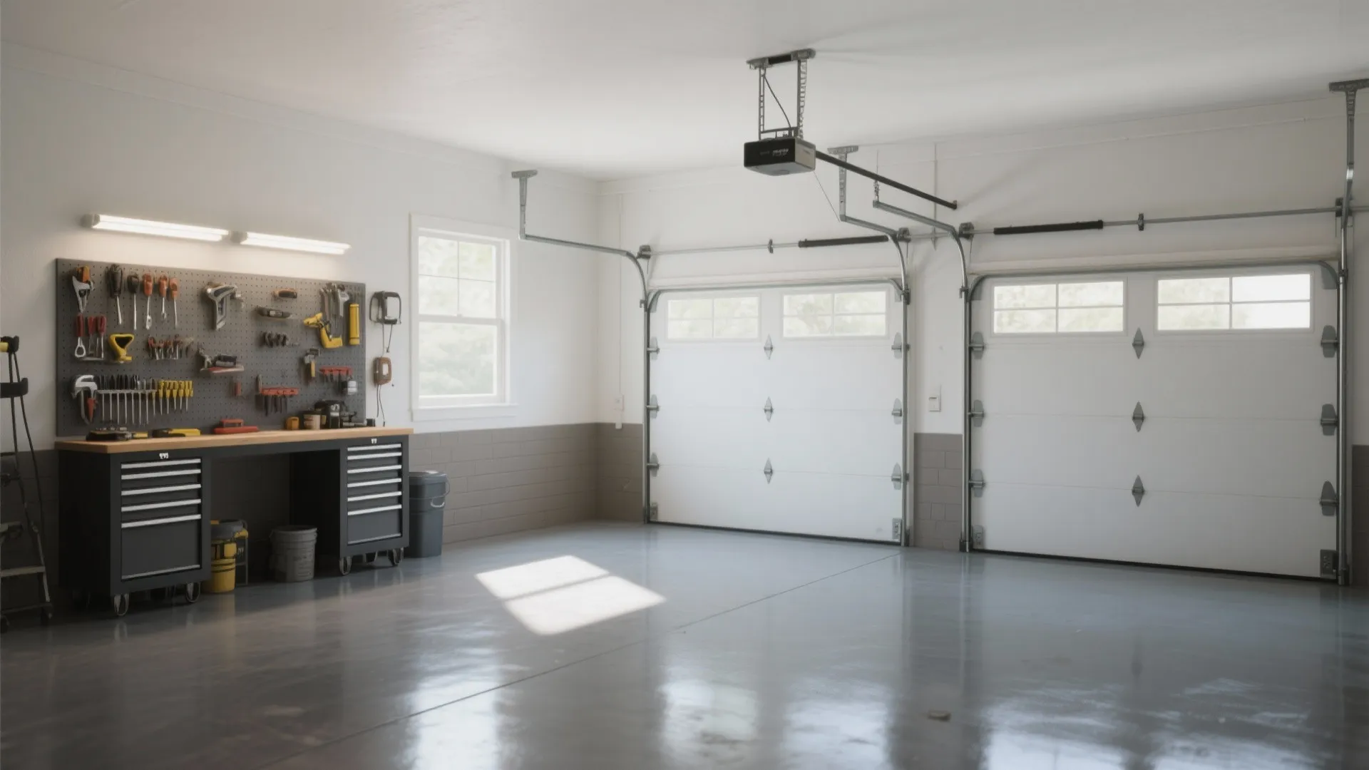 Clean garage interior with shiny grey floor black tool cabinet pegboard and white double doors