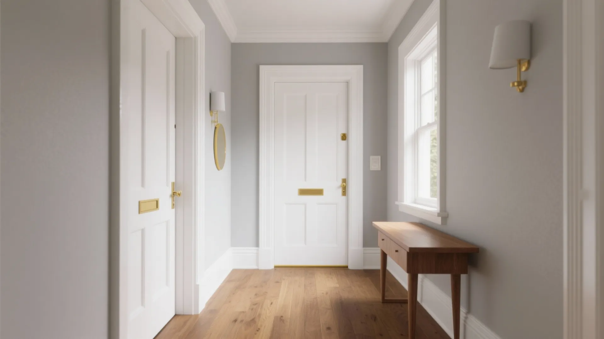 Bright hallway with white doors grey walls wood flooring wall light and a wood table