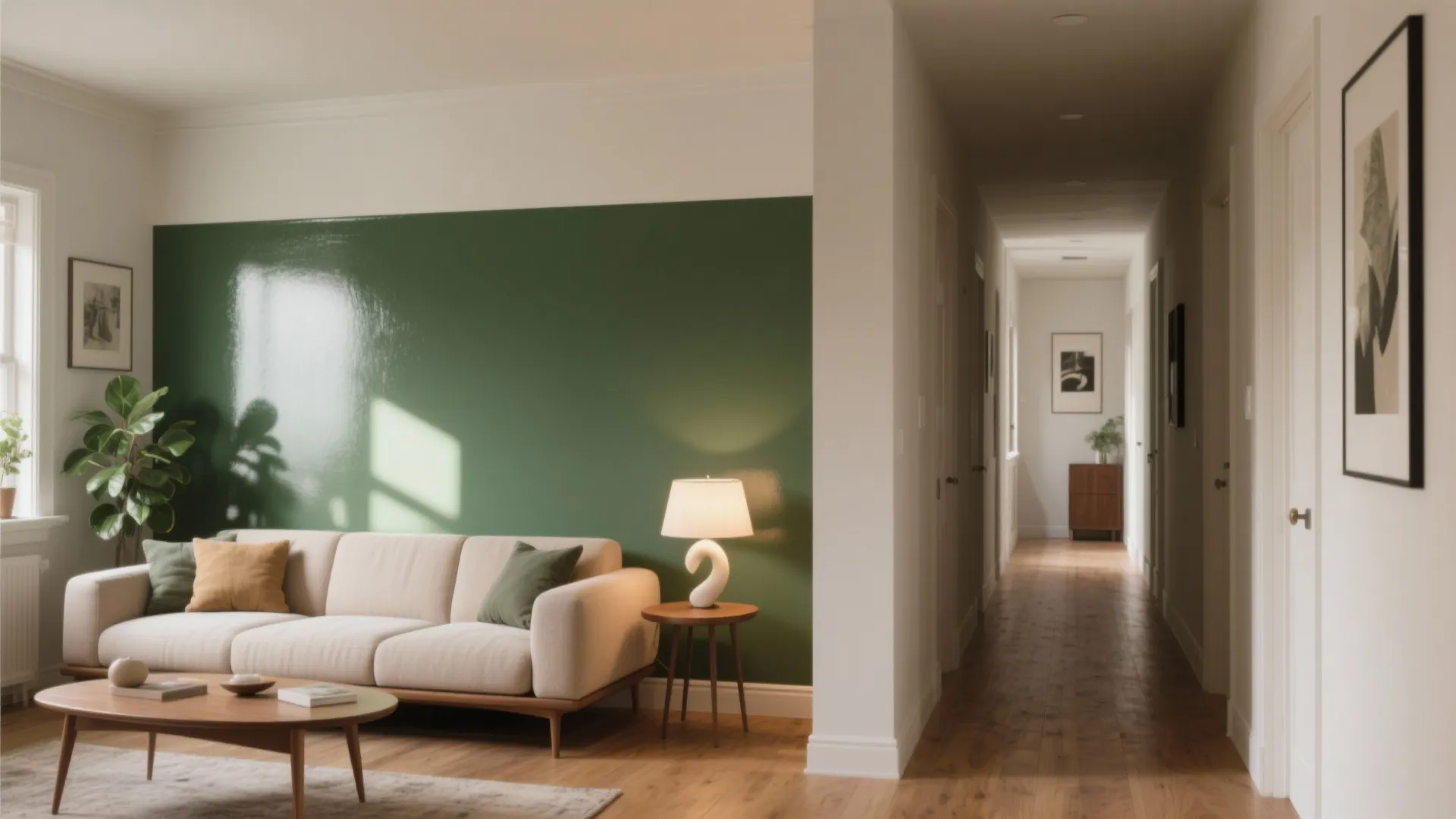 Living room with green wall panel cream sofa wooden coffee table and long hallway view