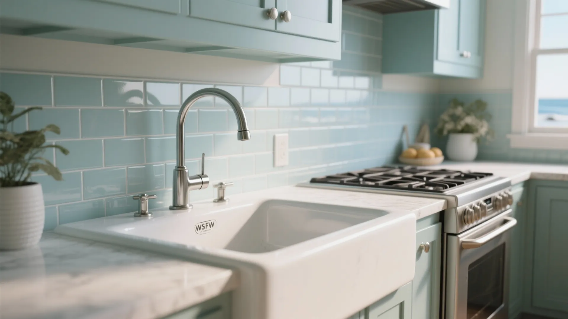 Coastal kitchen sink and stove area painted in semi-gloss, reflecting light and showing cleanable surfaces.