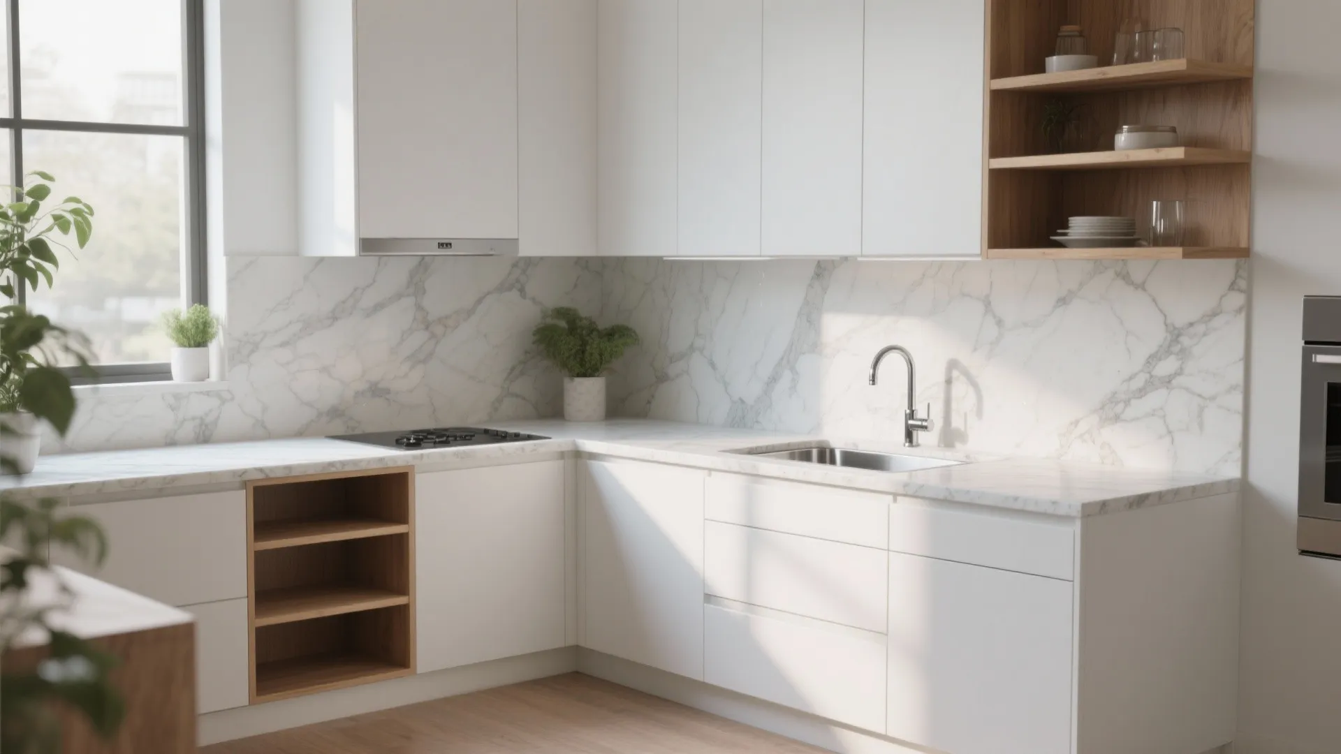 Modern white kitchen with marble countertop white cabinets wood shelving unit sink and stove top