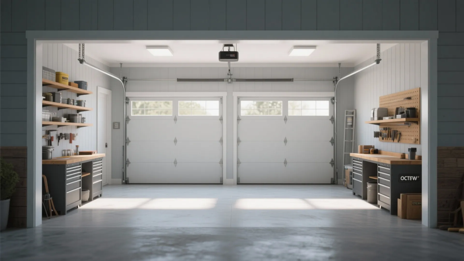 Clean organized double garage interior with white doors wood workbenches storage shelves and bright lighting