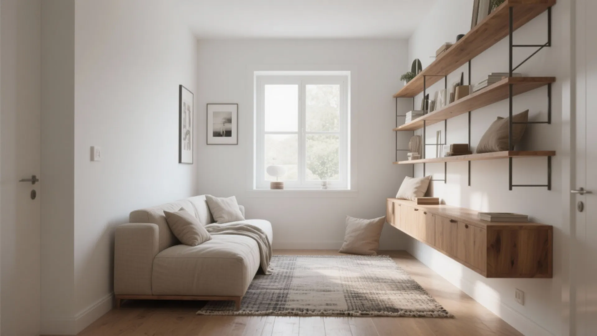 Modern bright living room with cream sofa wooden shelves patterned rug window and natural light