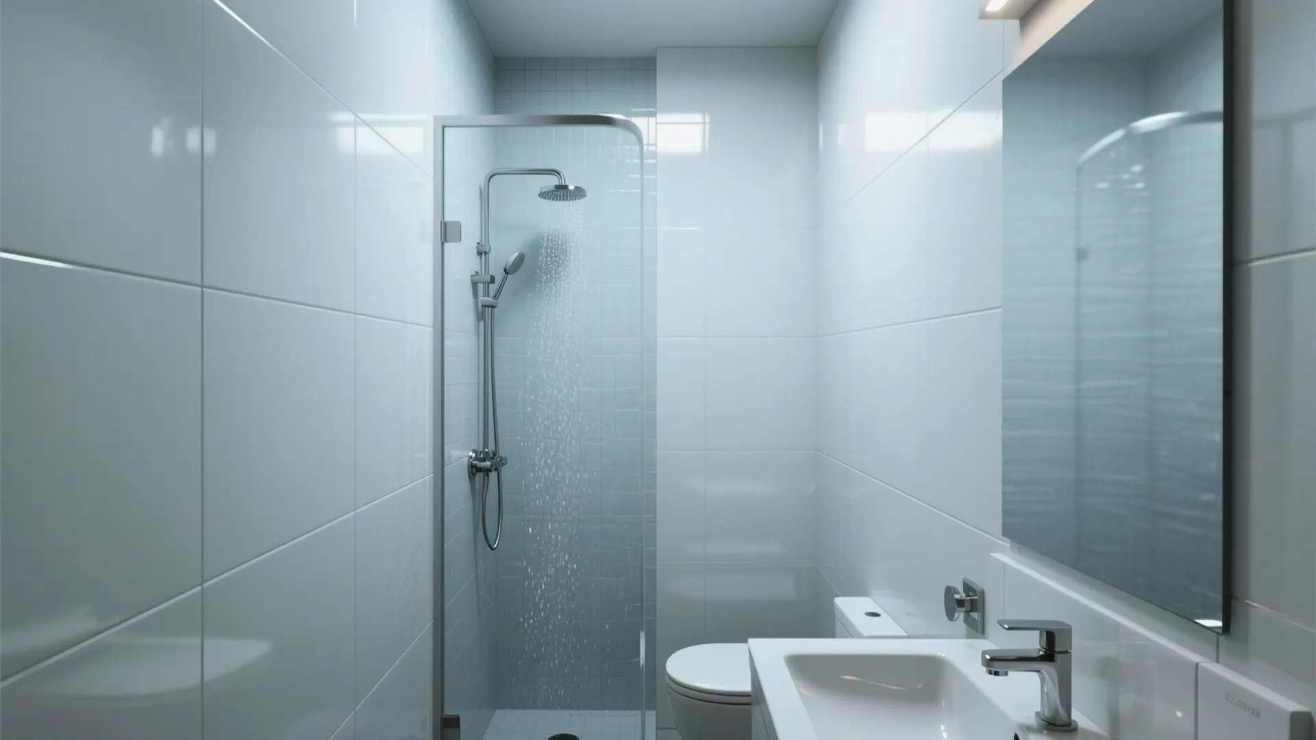 Clean white bathroom with glossy wall tiles glass shower door silver light fixture and sink