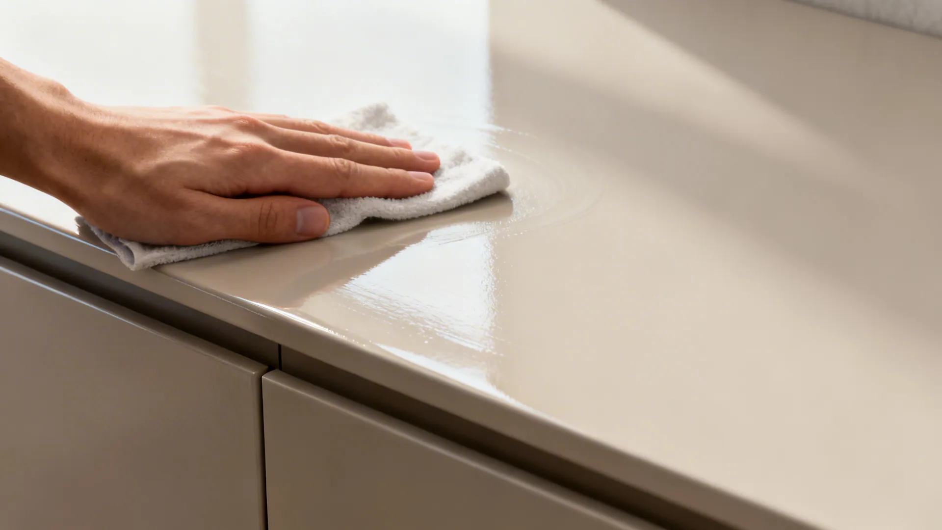 Close-up of semi-gloss cabinet finish showing smooth protective topcoat and easy-clean surface