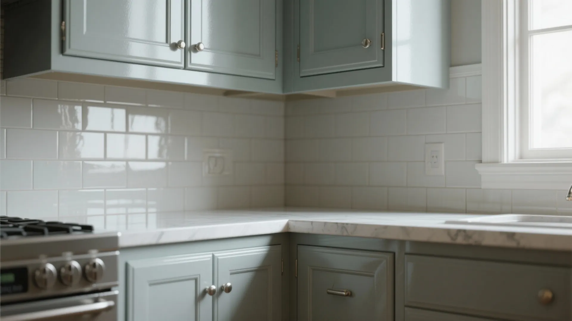Kitchen trim and cabinets painted in semi-gloss showing cleanable surfaces and subtle reflections on hardware and edges.