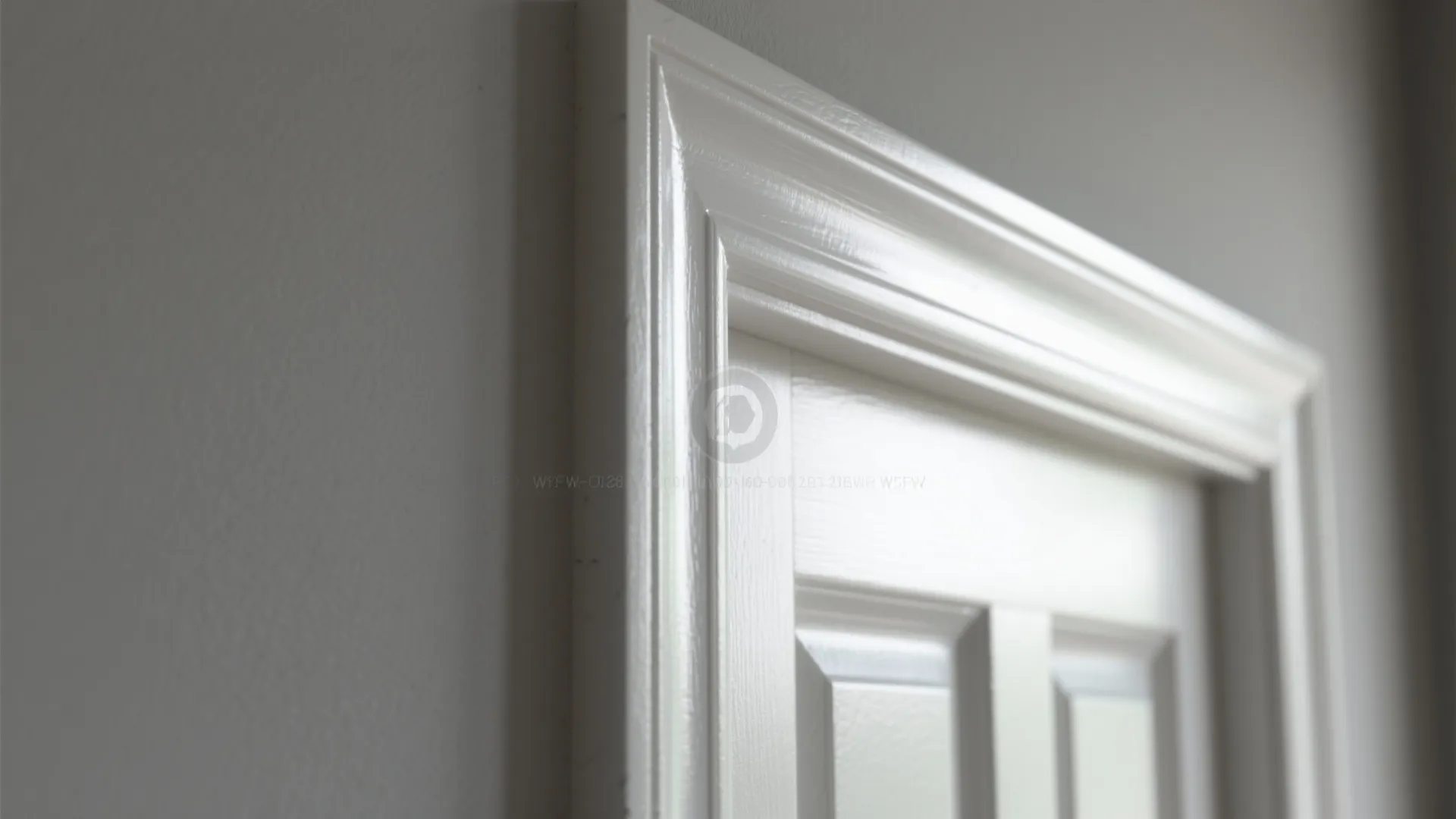 Close up view of white door frame with shiny paint finish on a grey wall
