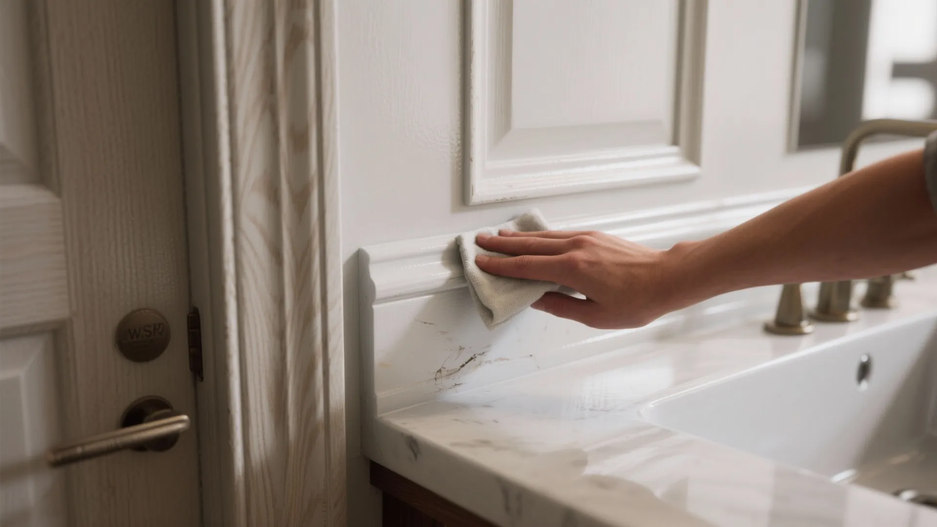Hand cleaning white wall panel trim above a marble bathroom sink with a grey soft cloth
