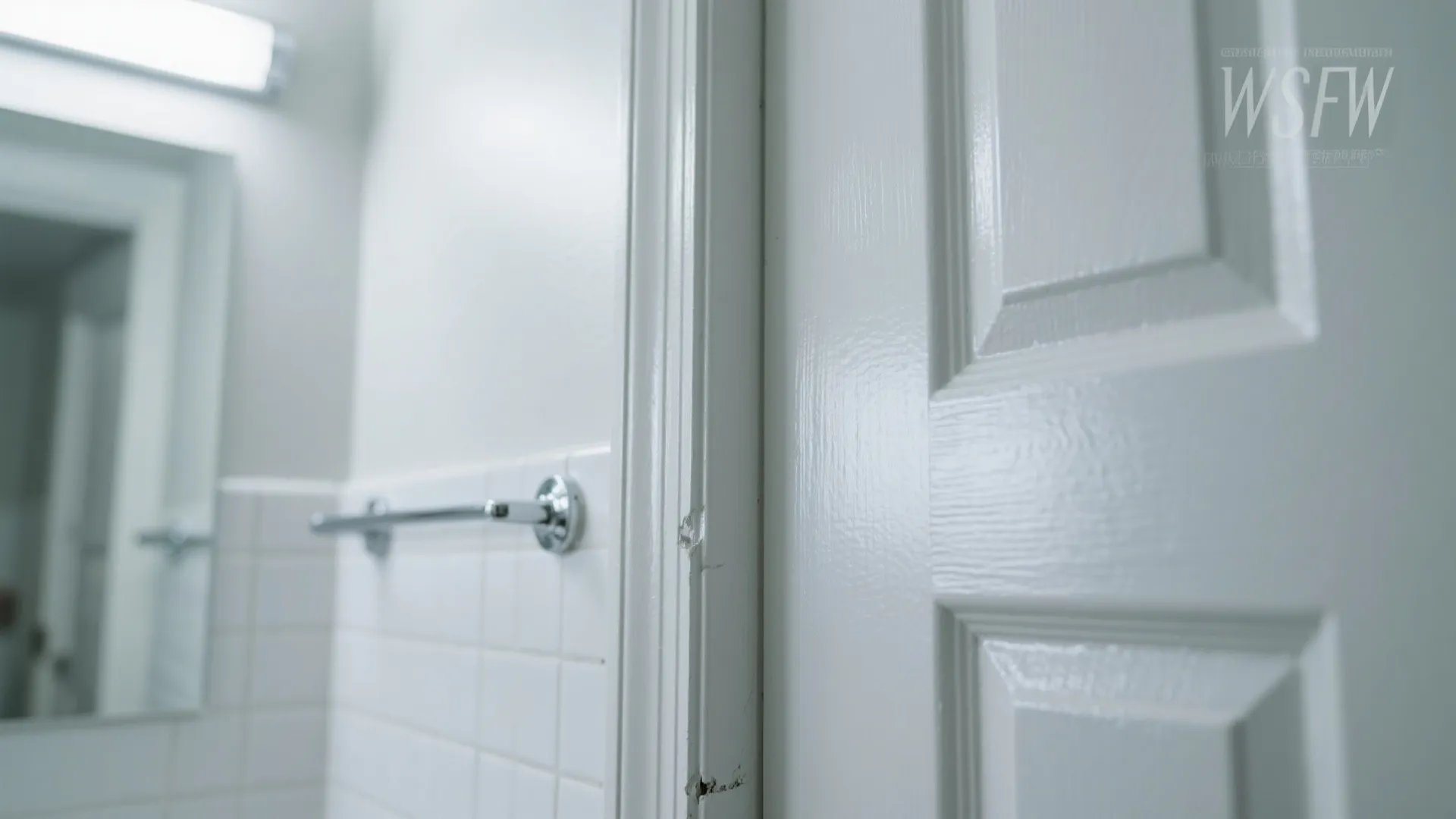 Close up of white semi gloss paint on a wooden door frame in a bright bathroom