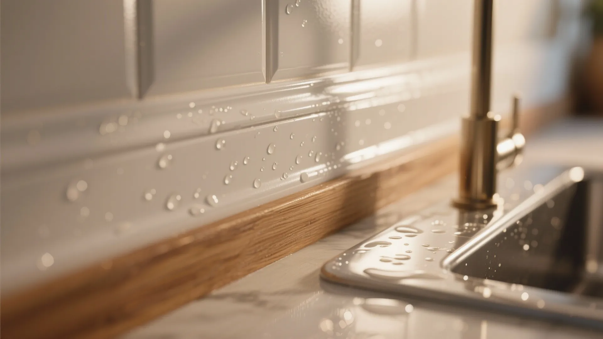 Close-up of semi-gloss painted trim and backsplash edge showing subtle sheen and water beading.