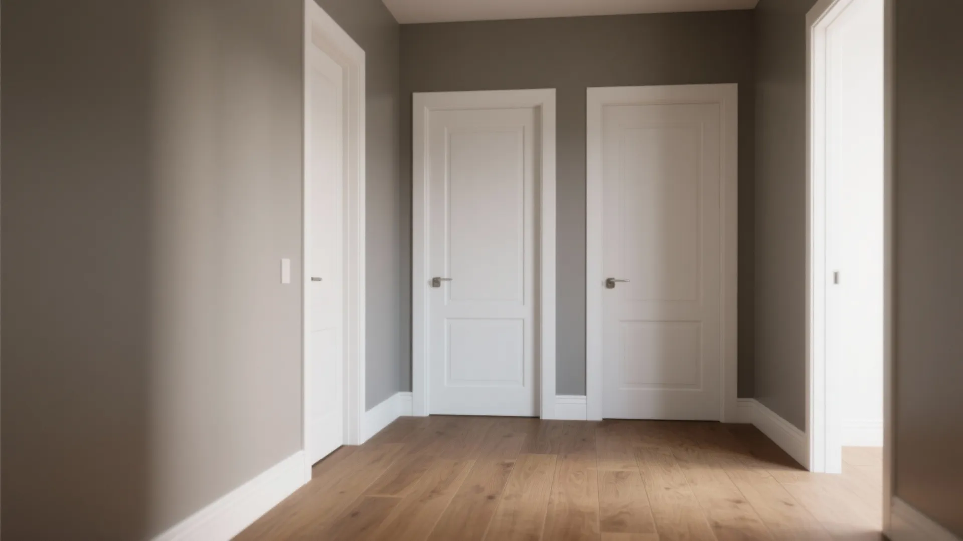 Modern hallway with grey walls white wood trim and multiple doors over light brown flooring