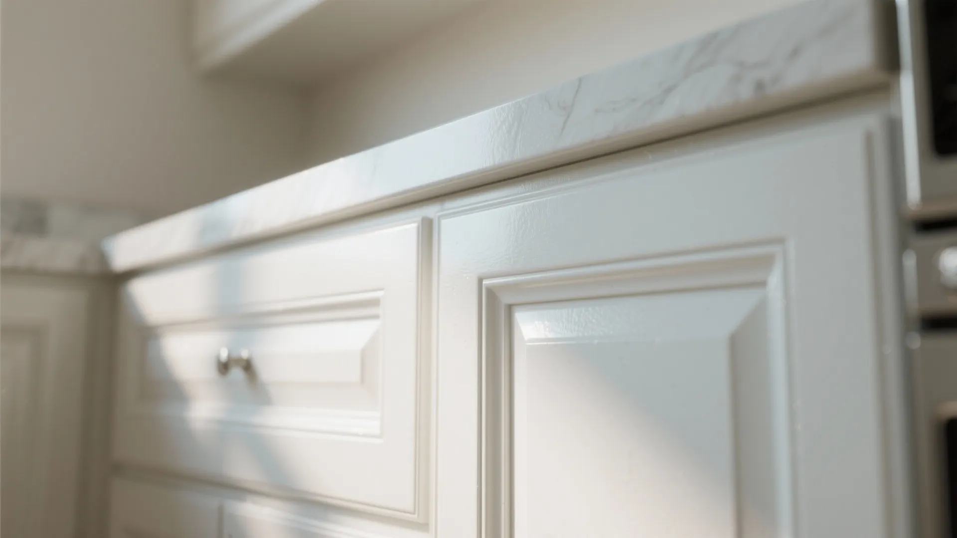 Close up of white kitchen cabinet drawers with metal handles under a smooth white marble countertop