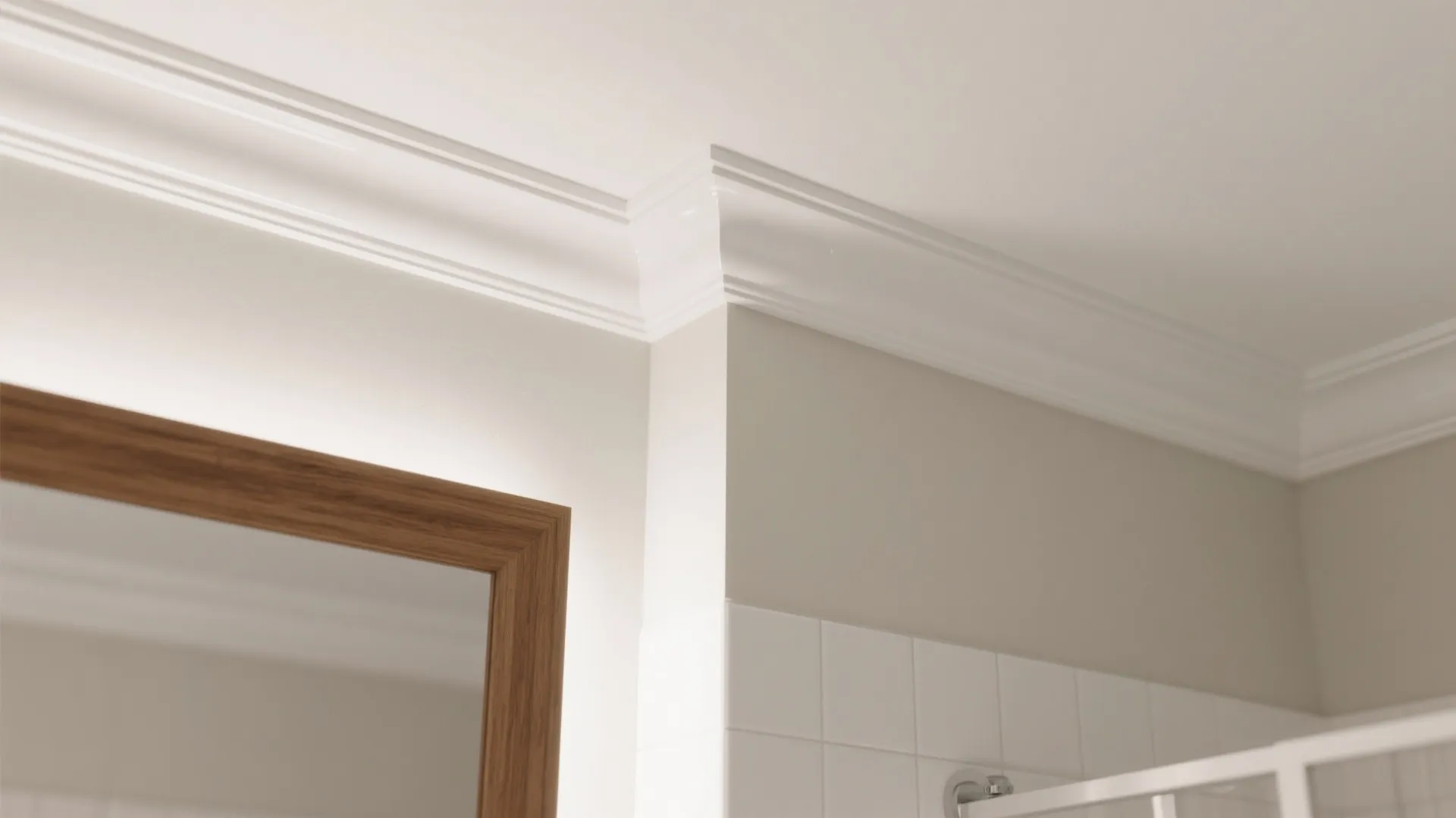 White wall panel crown molding on a light grey wall next to a wooden mirror
