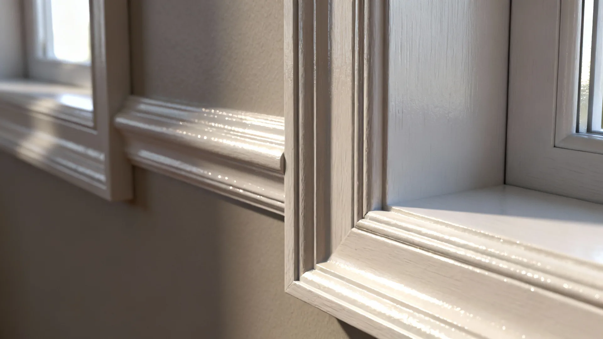 Close-up of a semi-gloss door and trim showing reflective, cleanable finish against a lower-sheen wall