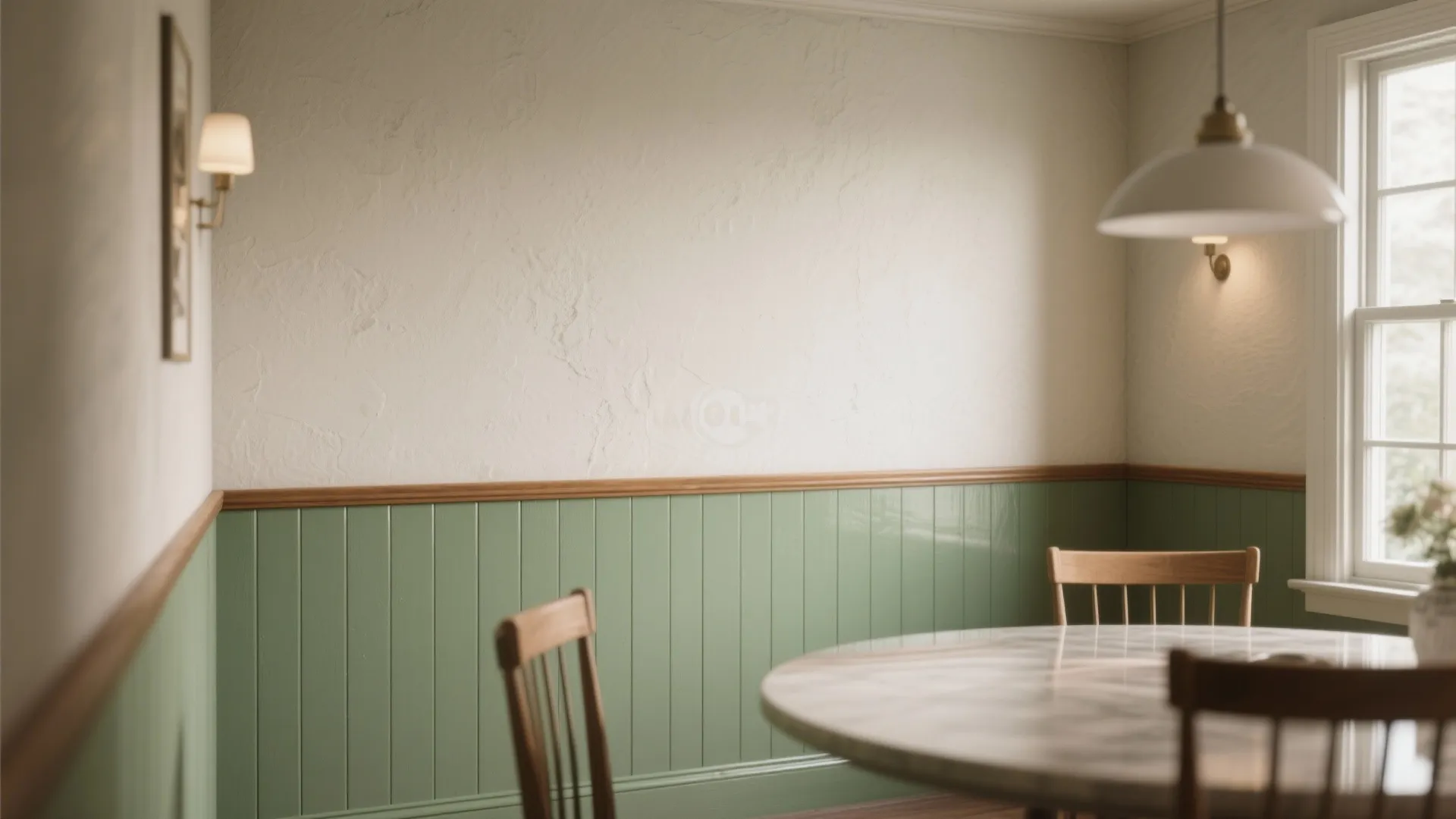 Dining room with green wall panel white textured wall round table wooden chairs and ceiling light