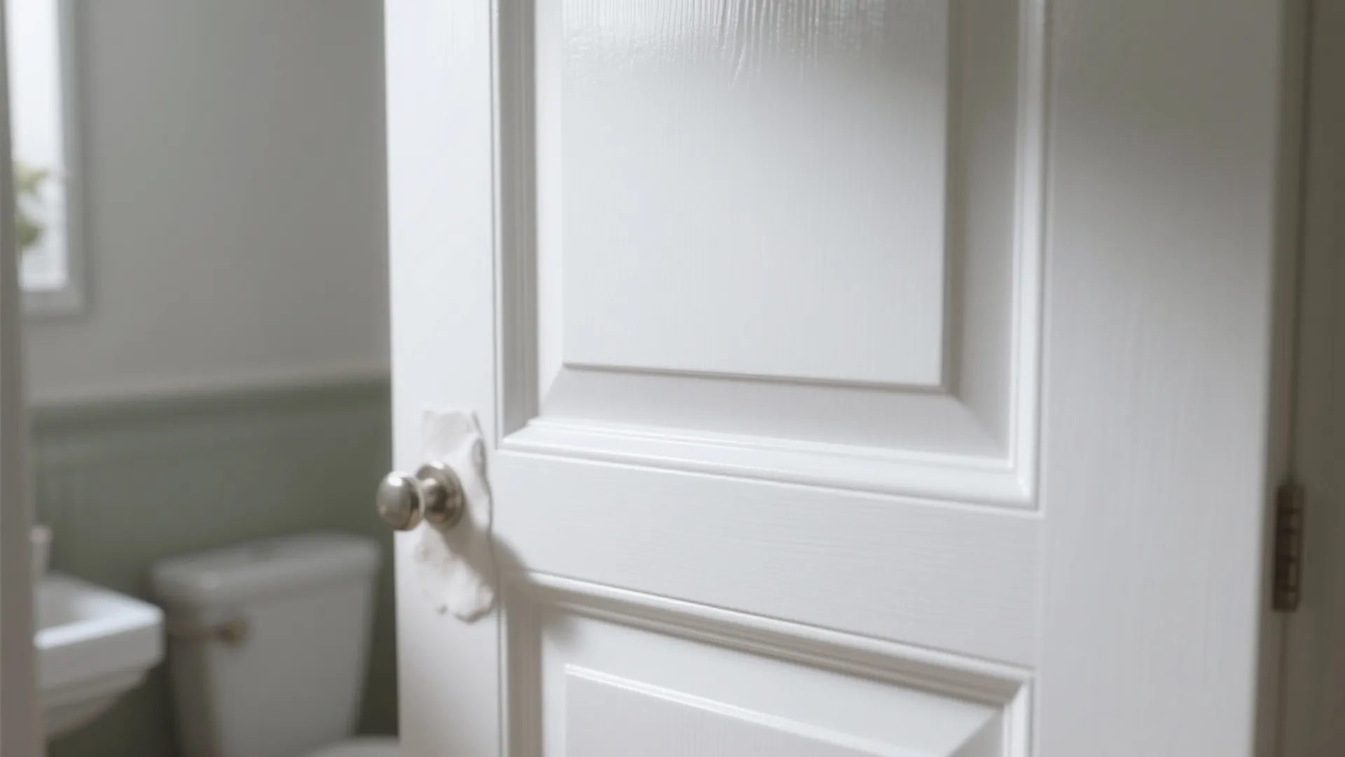 Close-up of semi-gloss white bathroom cabinet door showing smooth moisture-resistant finish.
