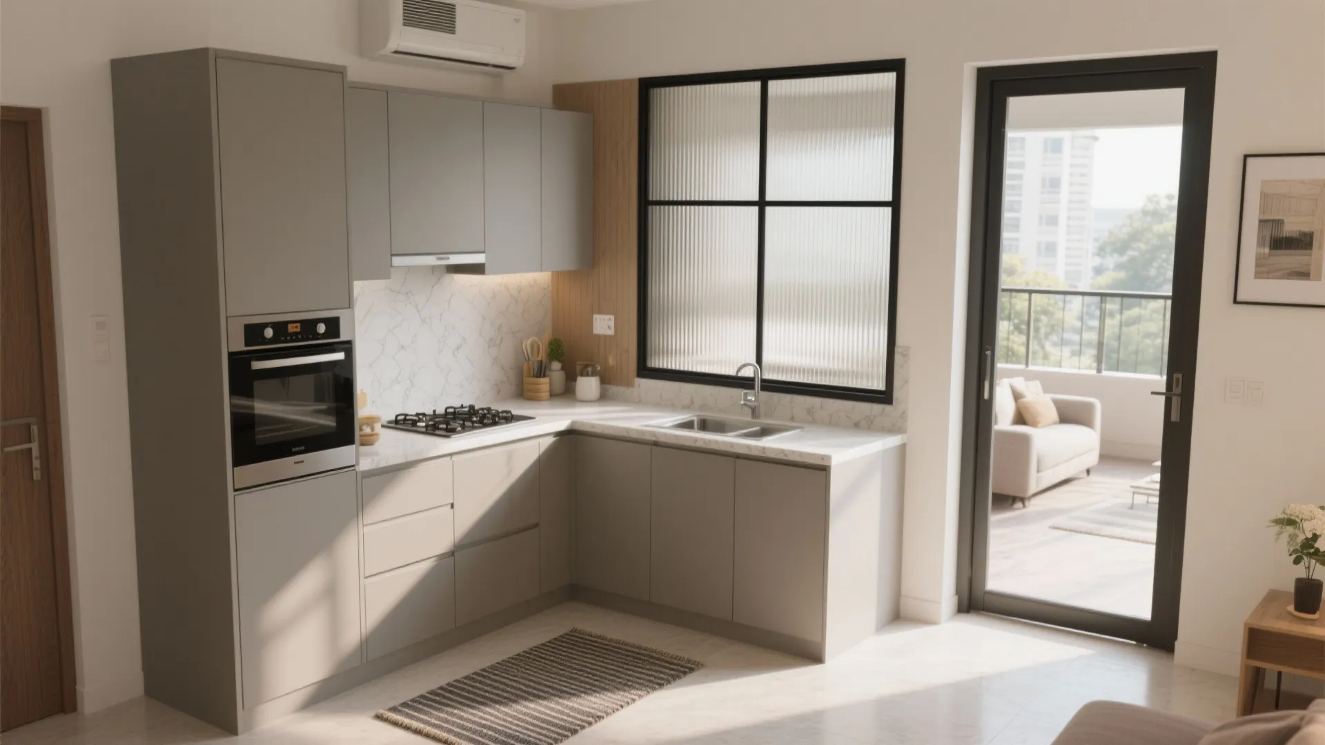 2) A semi-open kitchen with glass to keep light flowing