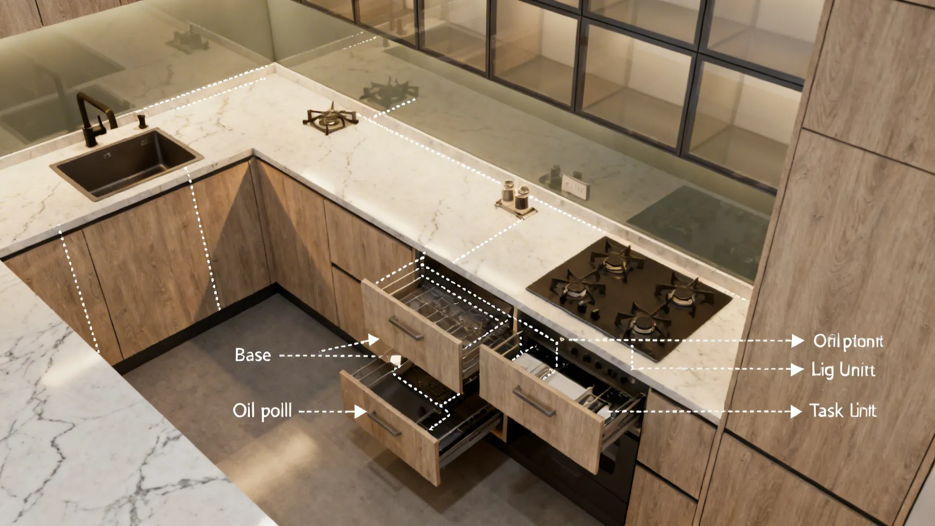 Top-down plan showing fixed services, drawer zones, oil pull-out, tall unit, and backsplash.