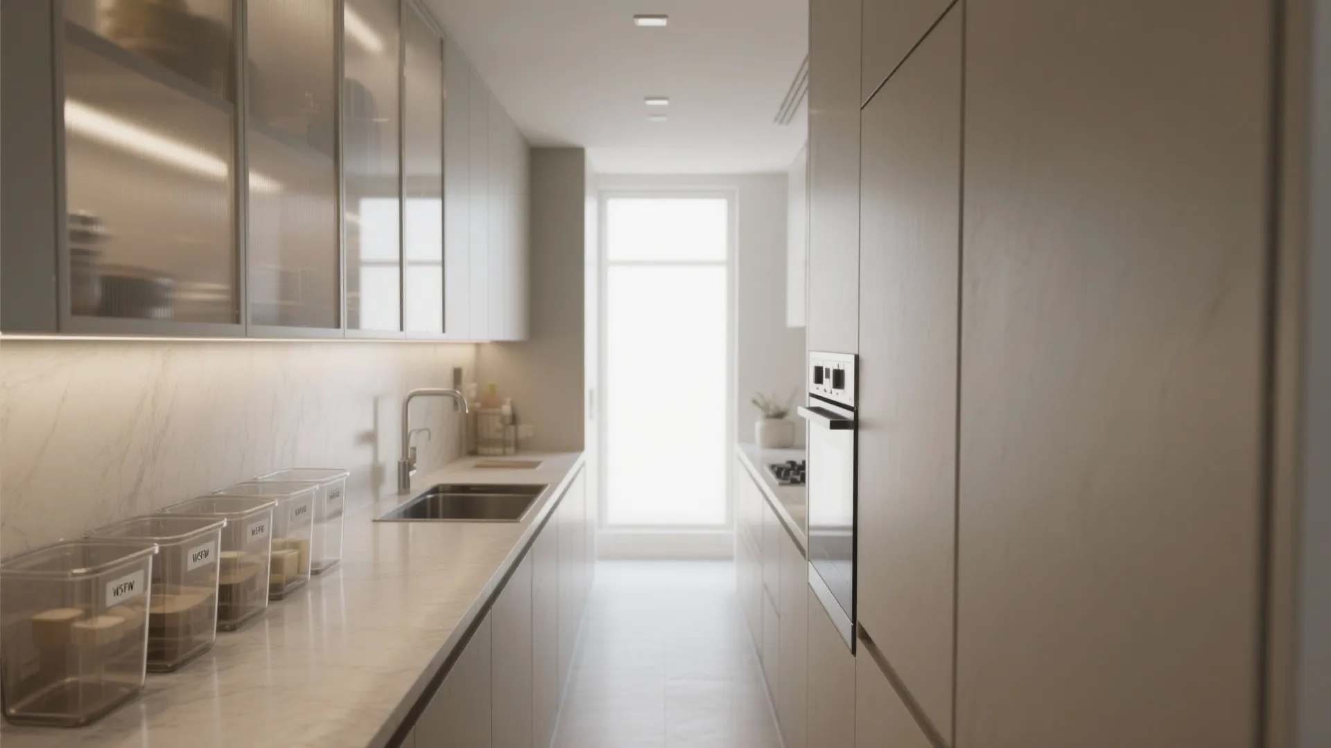 Narrow galley kitchen with semi-opaque frosted upper cabinets and organized interior silhouettes
