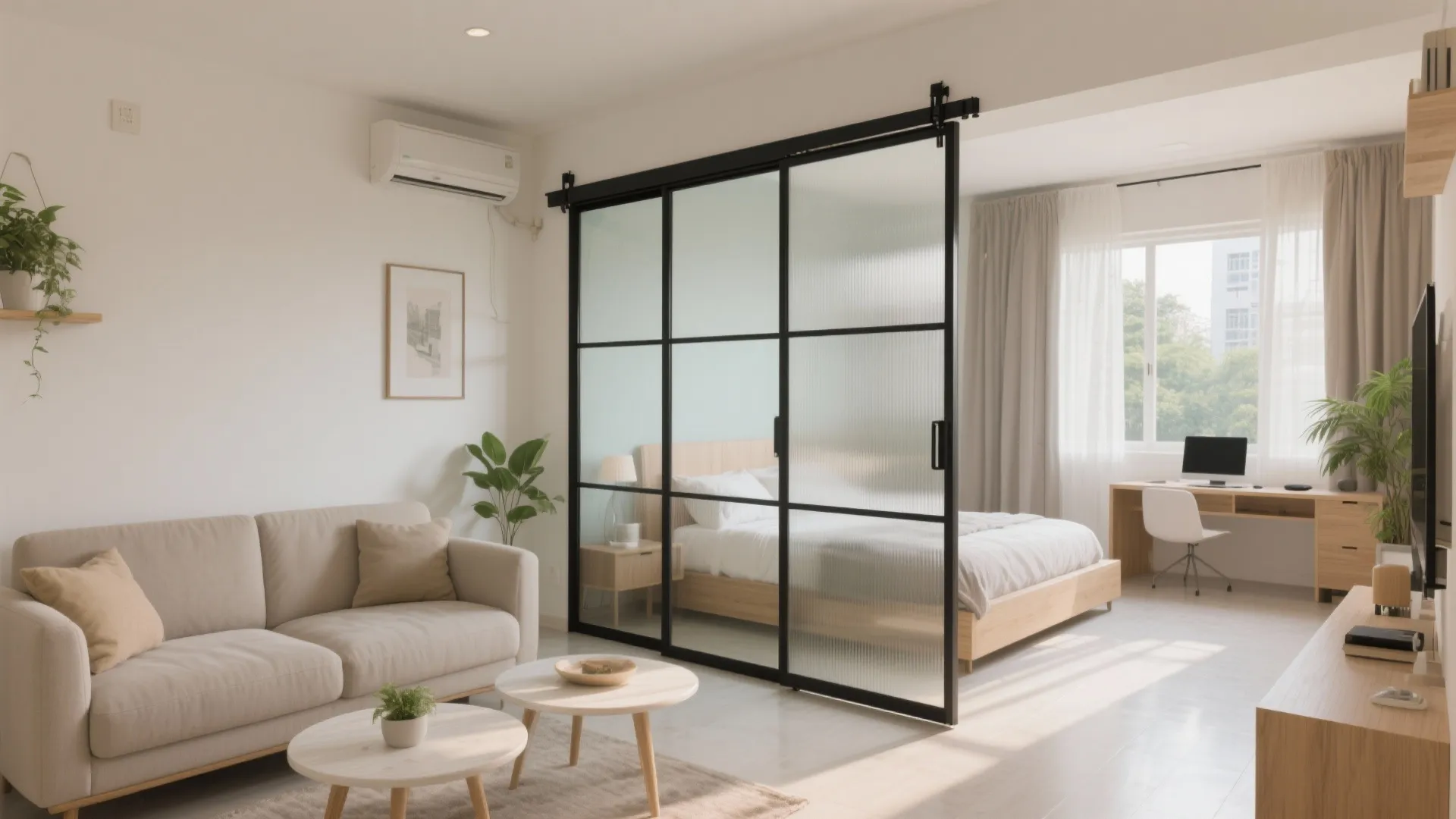 1) Semi-open living with sliding glass partitions
