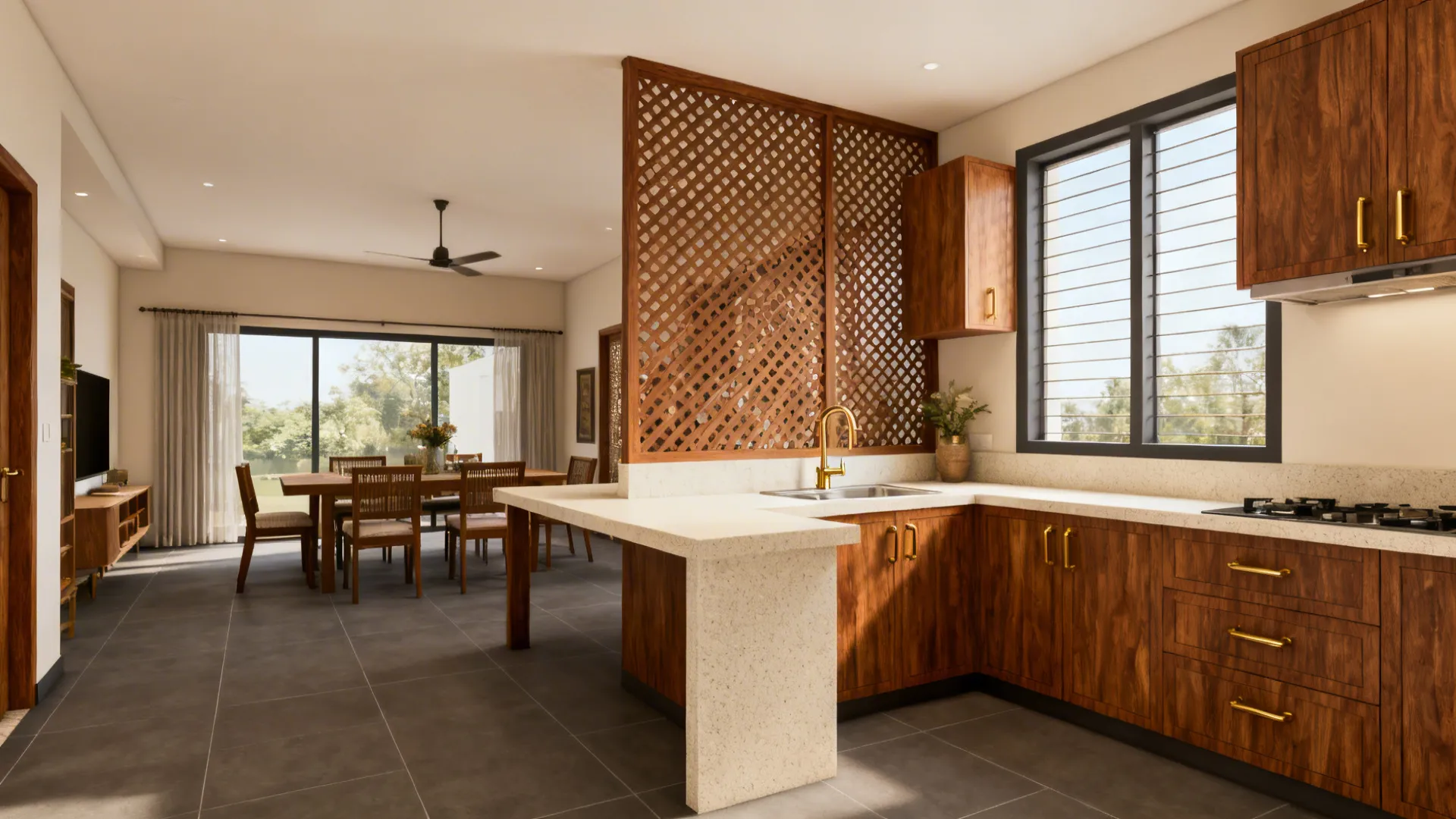 Semi-open Kerala kitchen with slatted partition screening the wash area, connected counter and generous window in soft daylight.
