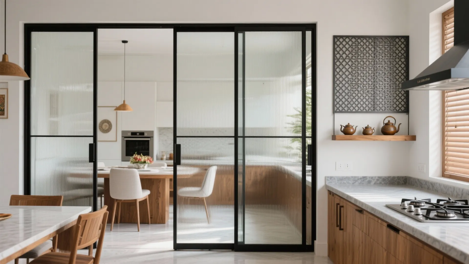 Semi-open kitchen with sliding partitions and jali