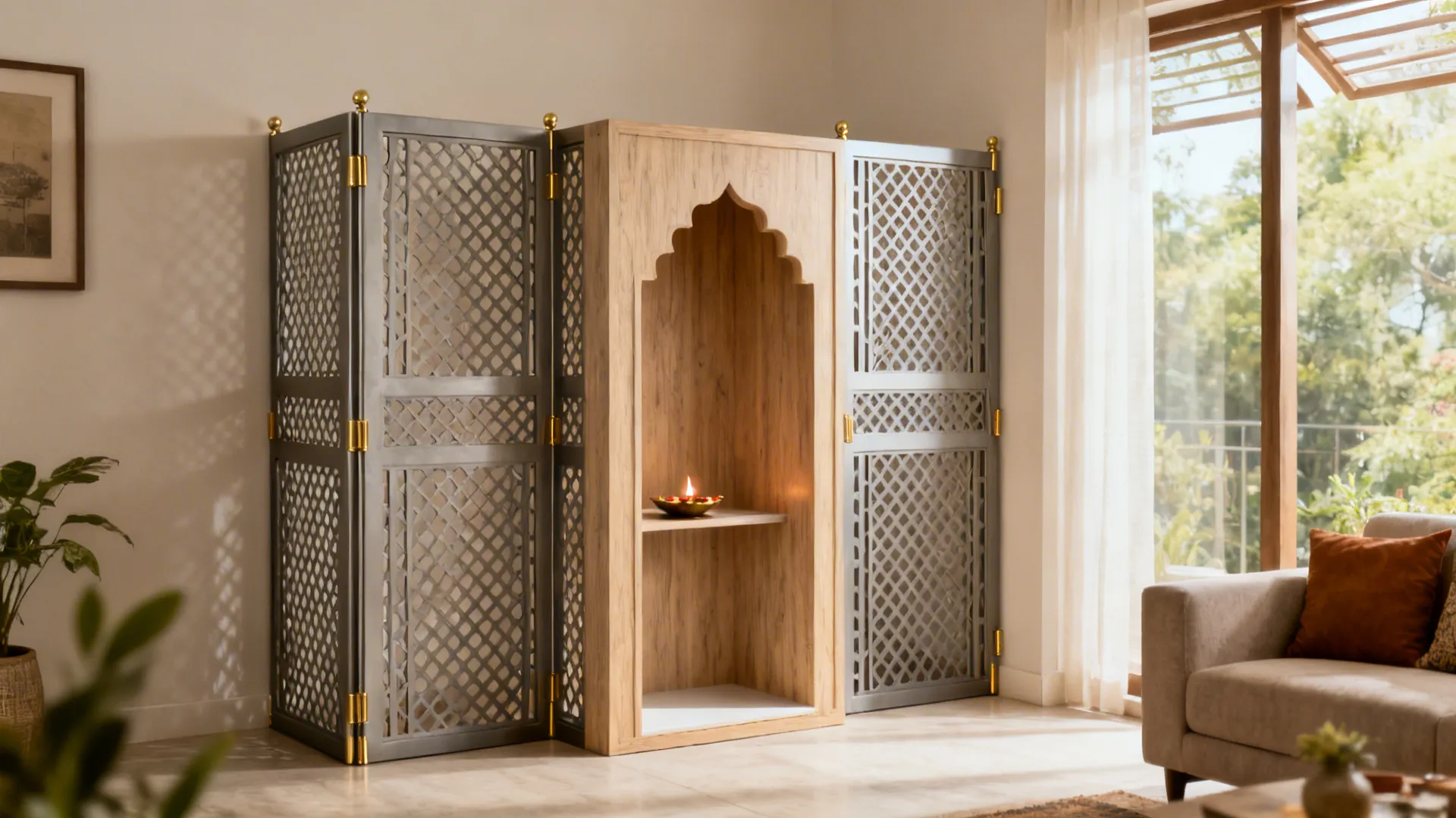 Semi-open jali screen creates a zoned pooja niche in a modern living room with soft daylight.
