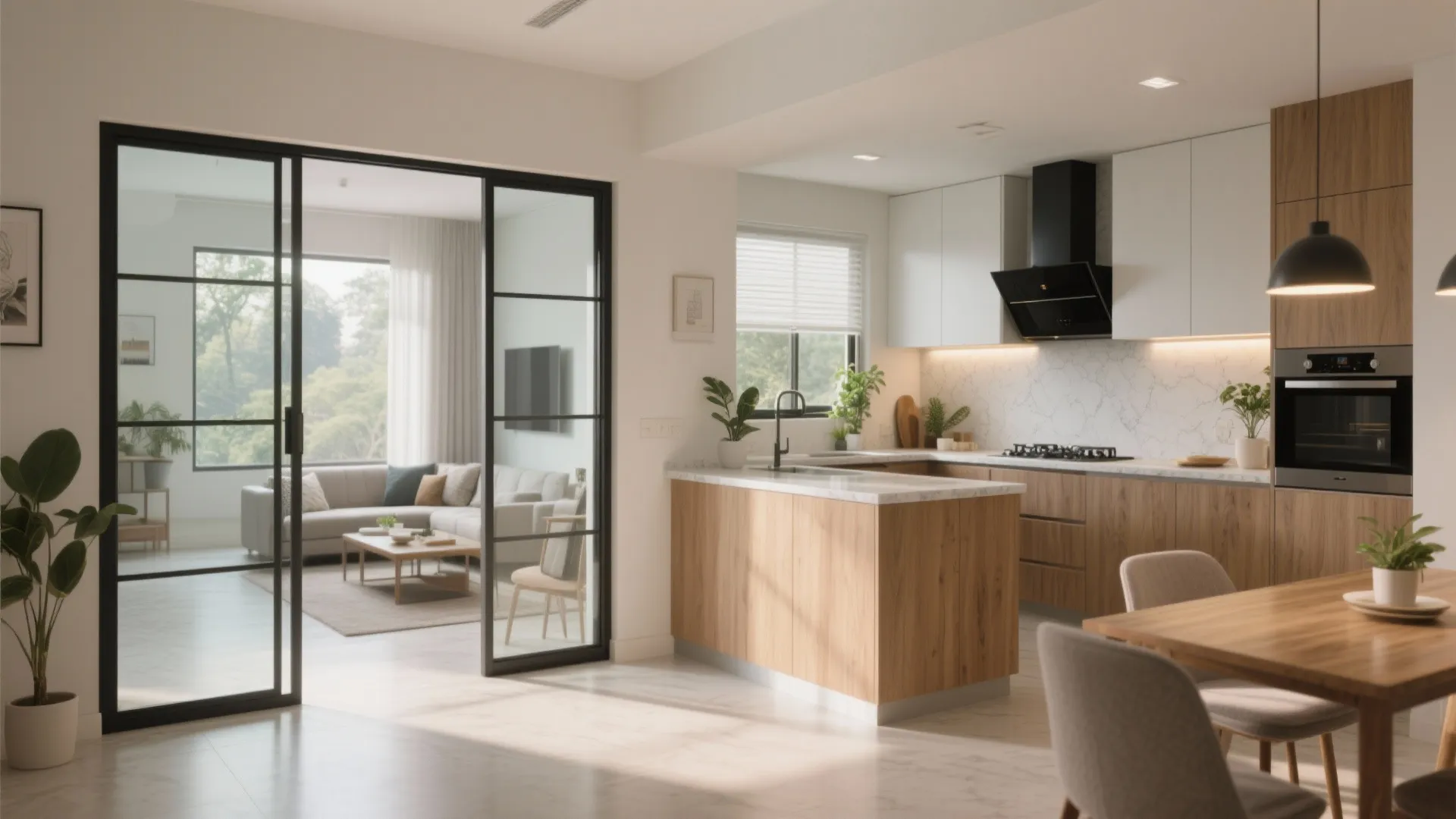 Semi-open kitchen with glass sliders