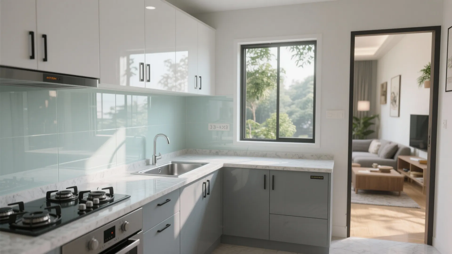 2) Semi-open kitchen with glass backsplash and light counters
