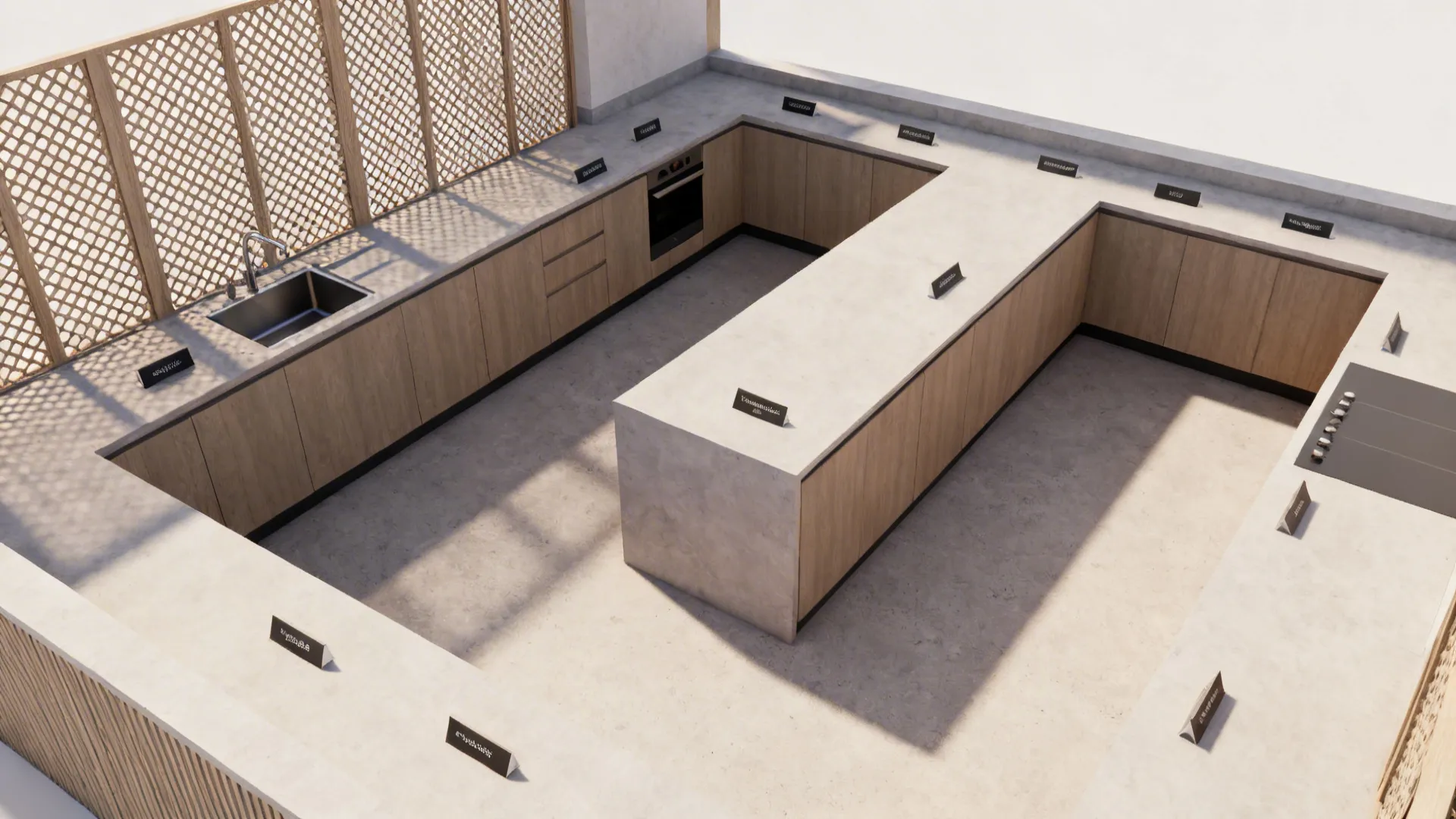 Top-down compact kitchen plan highlighting L-shaped counters, jaali partition and clear circulation paths.