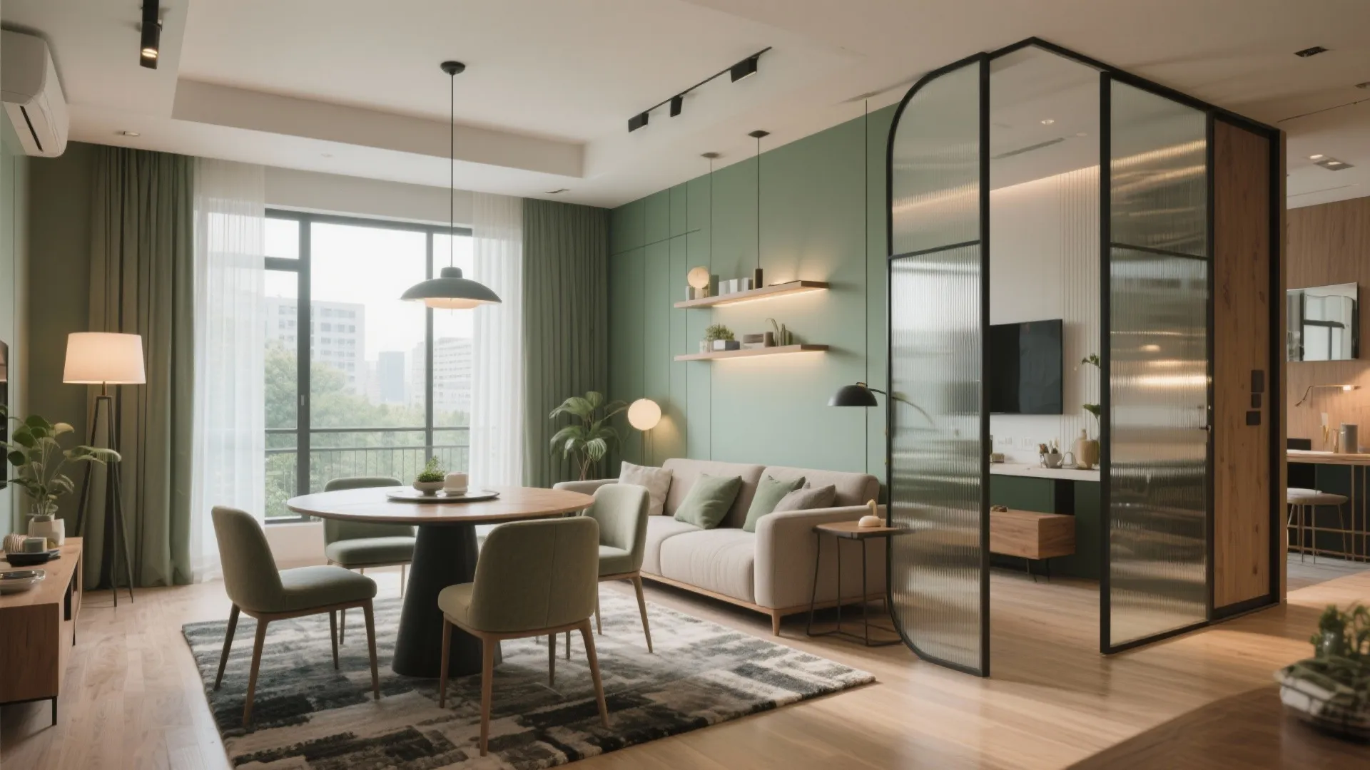 3) A flexible living–dining with light, views, and acoustic comfort