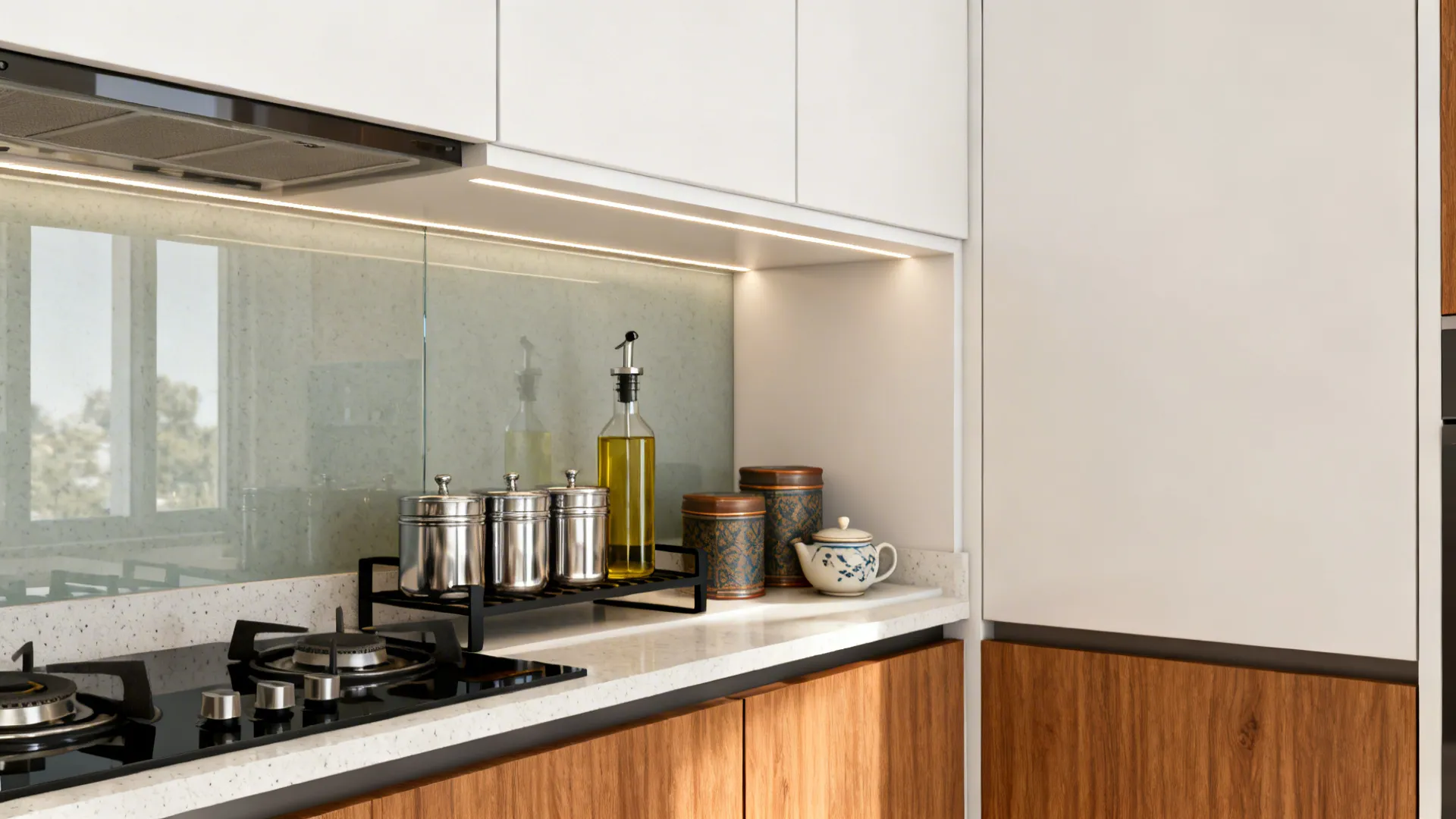 Kitchen counter shelf with spice jars oil bottle teapot gas stove and white wall cabinets