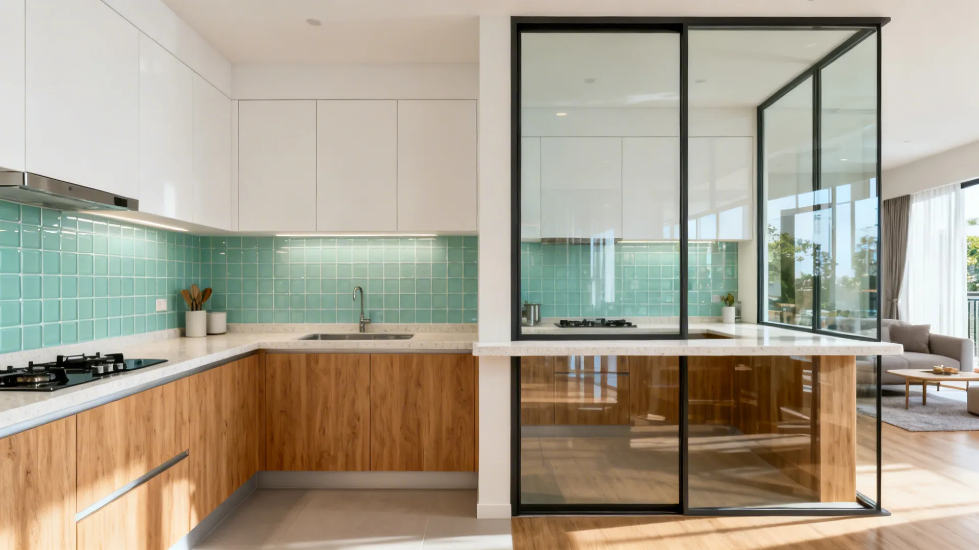 Semi-open HDB kitchen with a framed glass pass-through and breakfast ledge connecting to the living room.